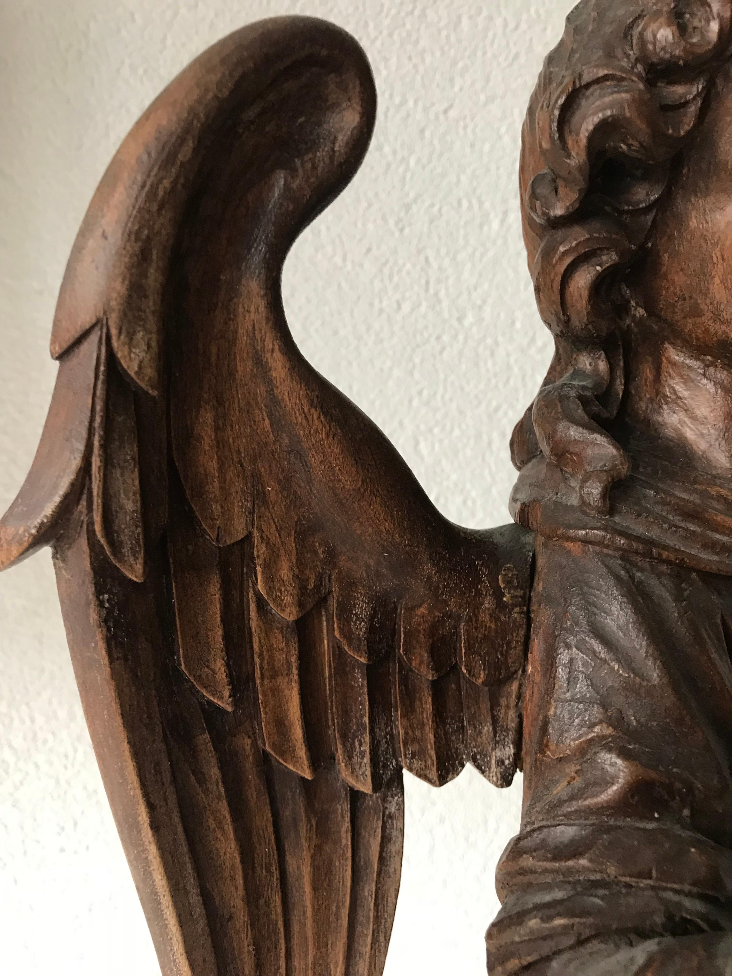 19th Century Hand-Carved Oak Angel Statue / Sculpture with Wings Possibly Saint Michael