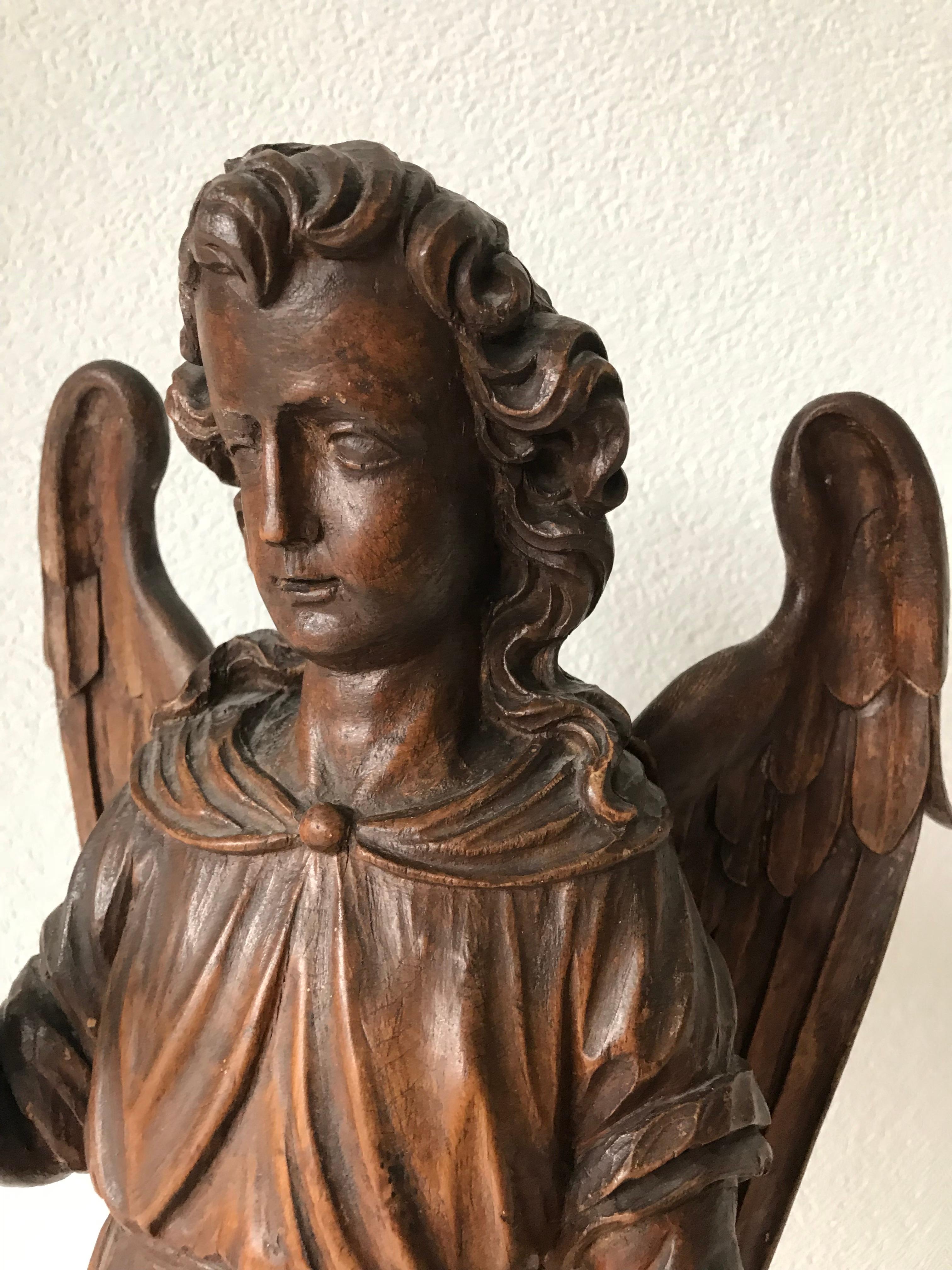 Hand-Carved Oak Angel Statue / Sculpture with Wings Possibly Saint Michael 1