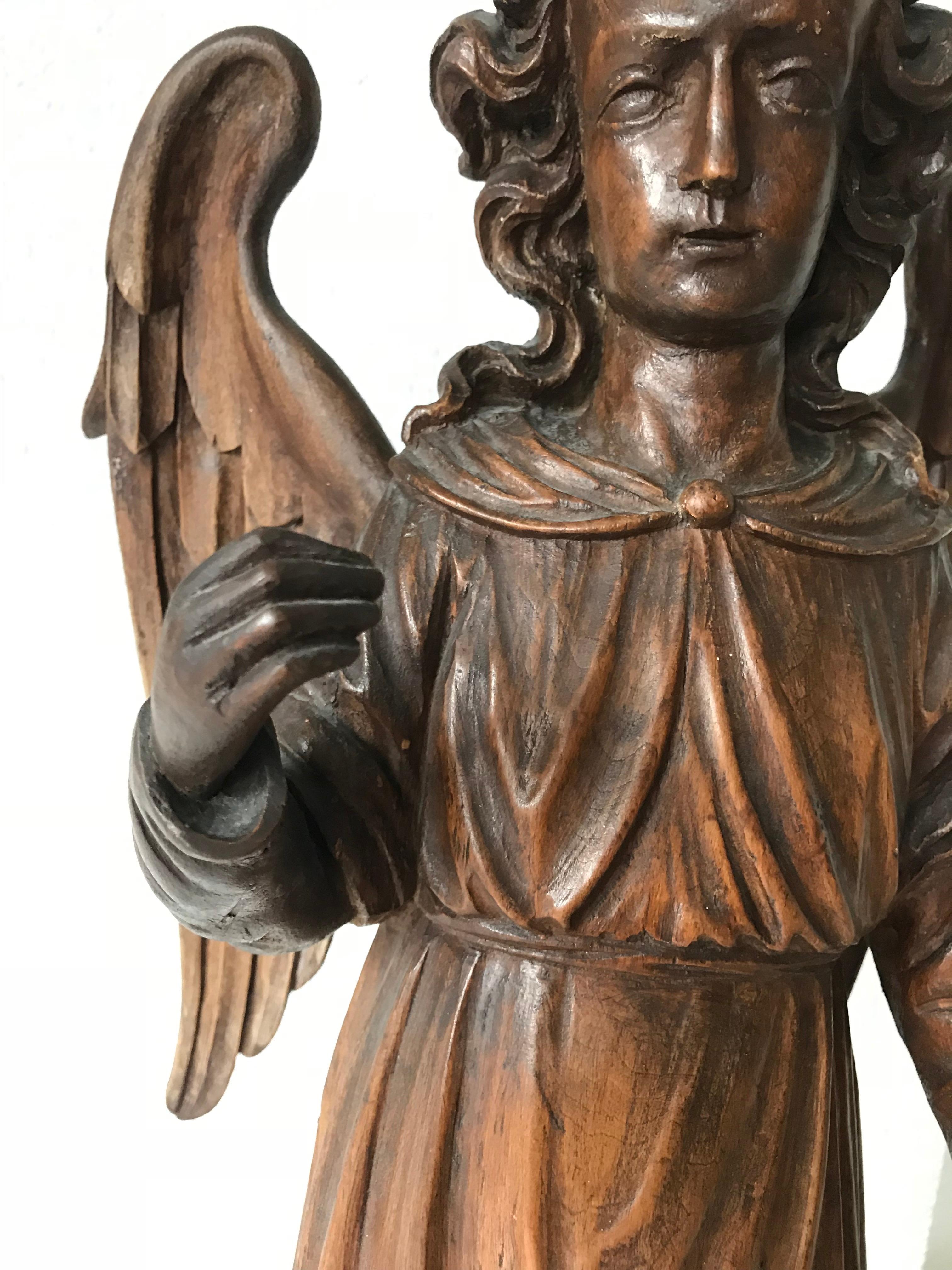 Hand-Carved Oak Angel Statue / Sculpture with Wings Possibly Saint Michael 3