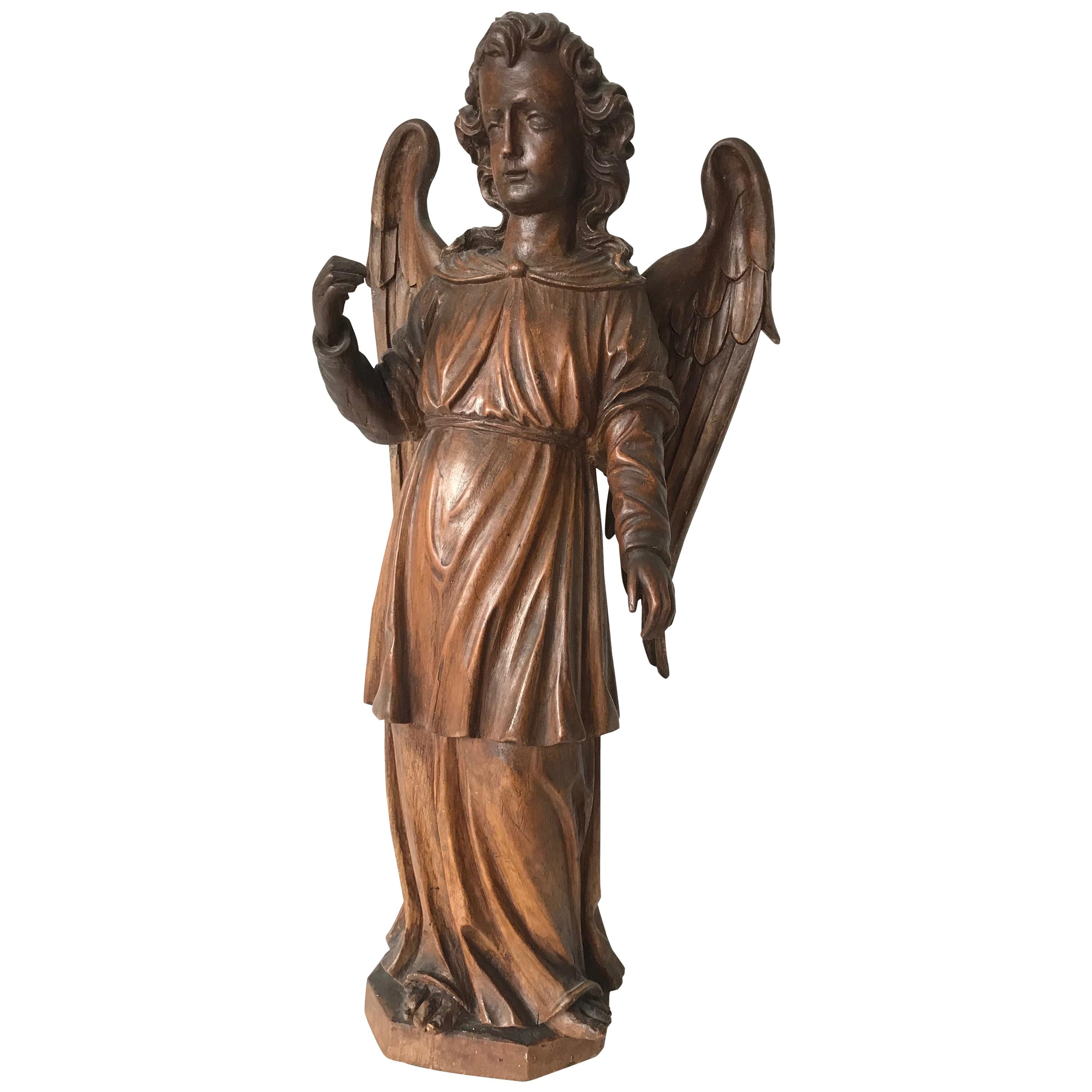 Hand-Carved Oak Angel Statue / Sculpture with Wings Possibly Saint Michael