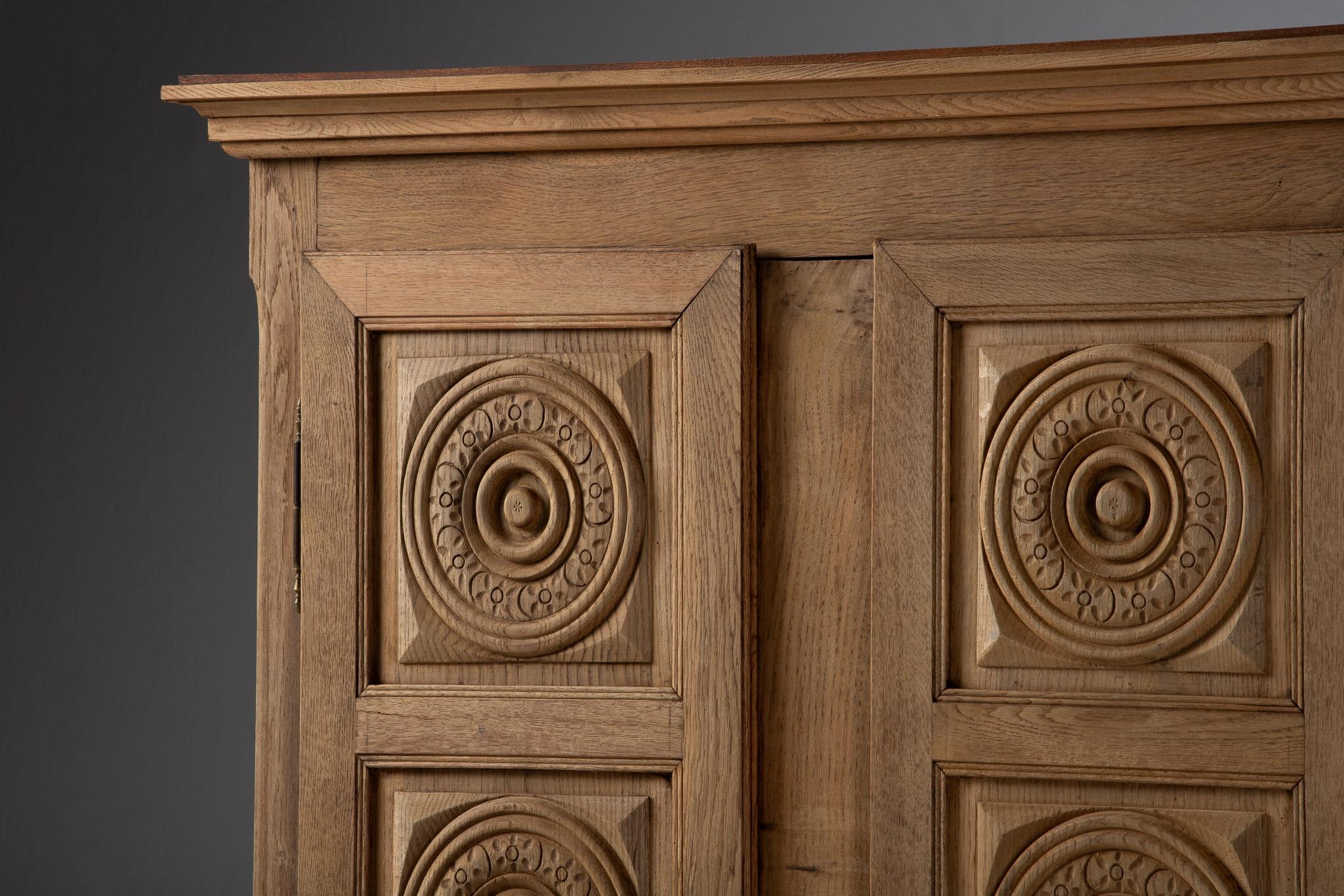 Francese Hand-Carved Oak Armoire, France, 1950s in vendita