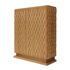 Brutalist Style Hand-carved Solid Oak Wood and Glass Mirror Italian Bar Cabinet