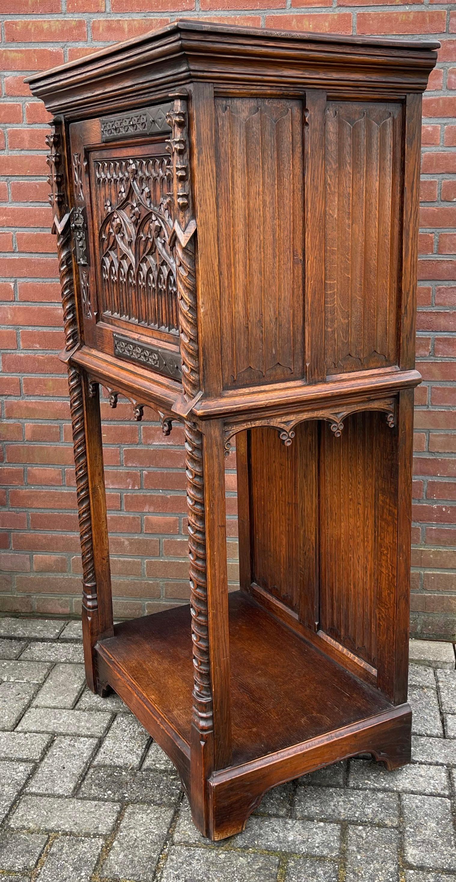 Hand Carved Oak Gothic Revival Single Door Drinks Cabinet with Cast Iron Hinges 4