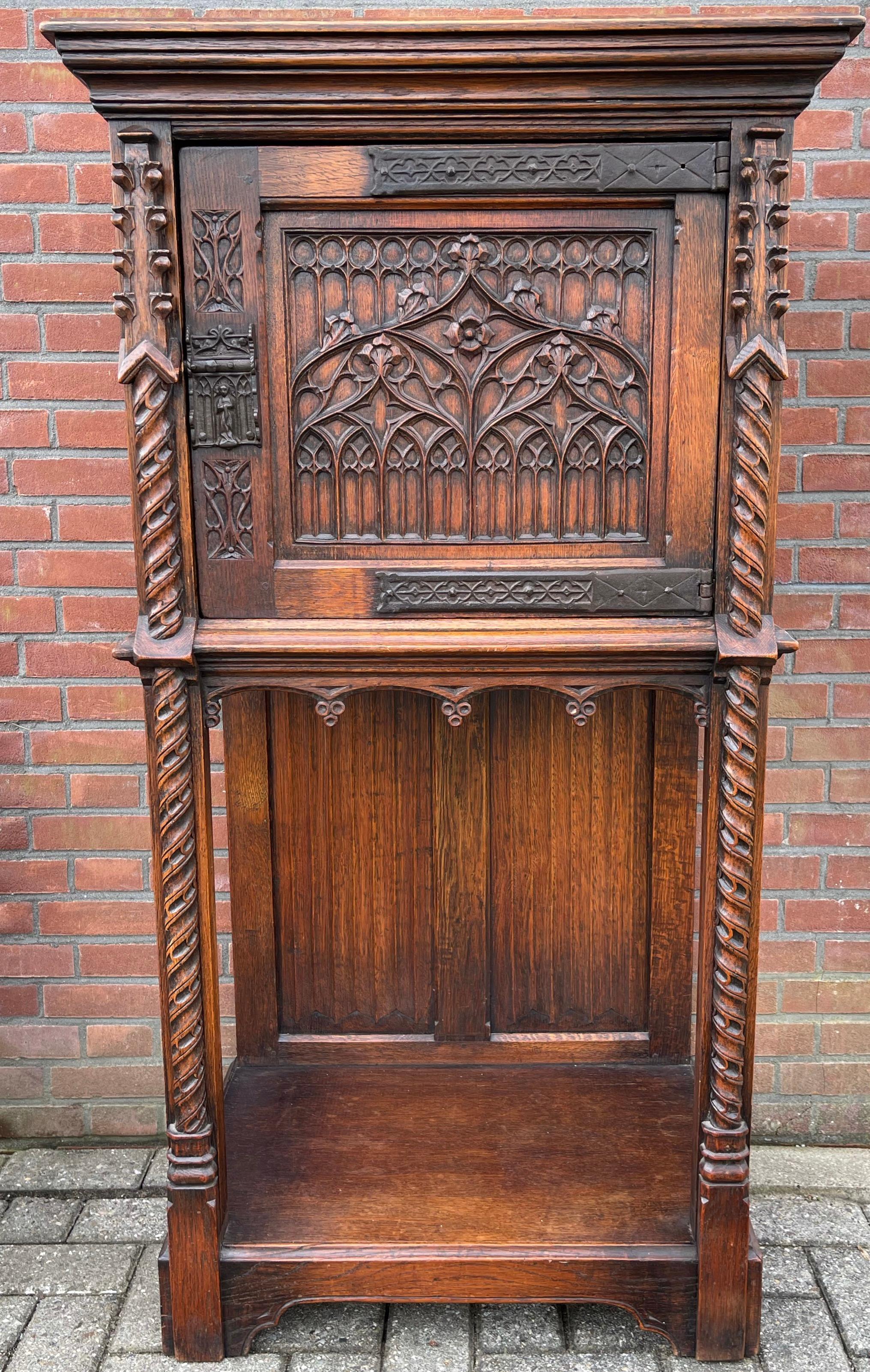 Hand Carved Oak Gothic Revival Single Door Drinks Cabinet with Cast Iron Hinges 9