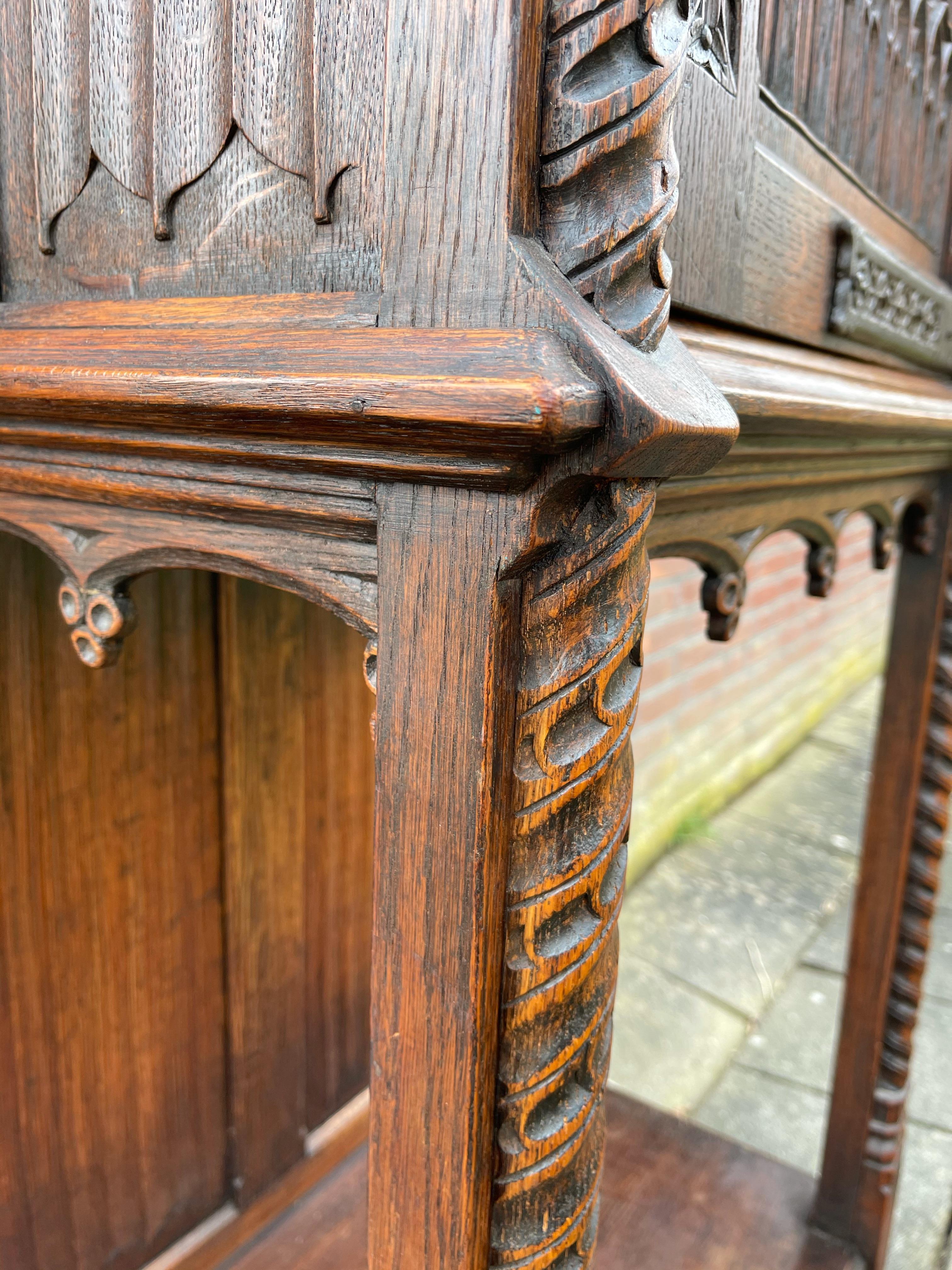 Hand Carved Oak Gothic Revival Single Door Drinks Cabinet with Cast Iron Hinges 12