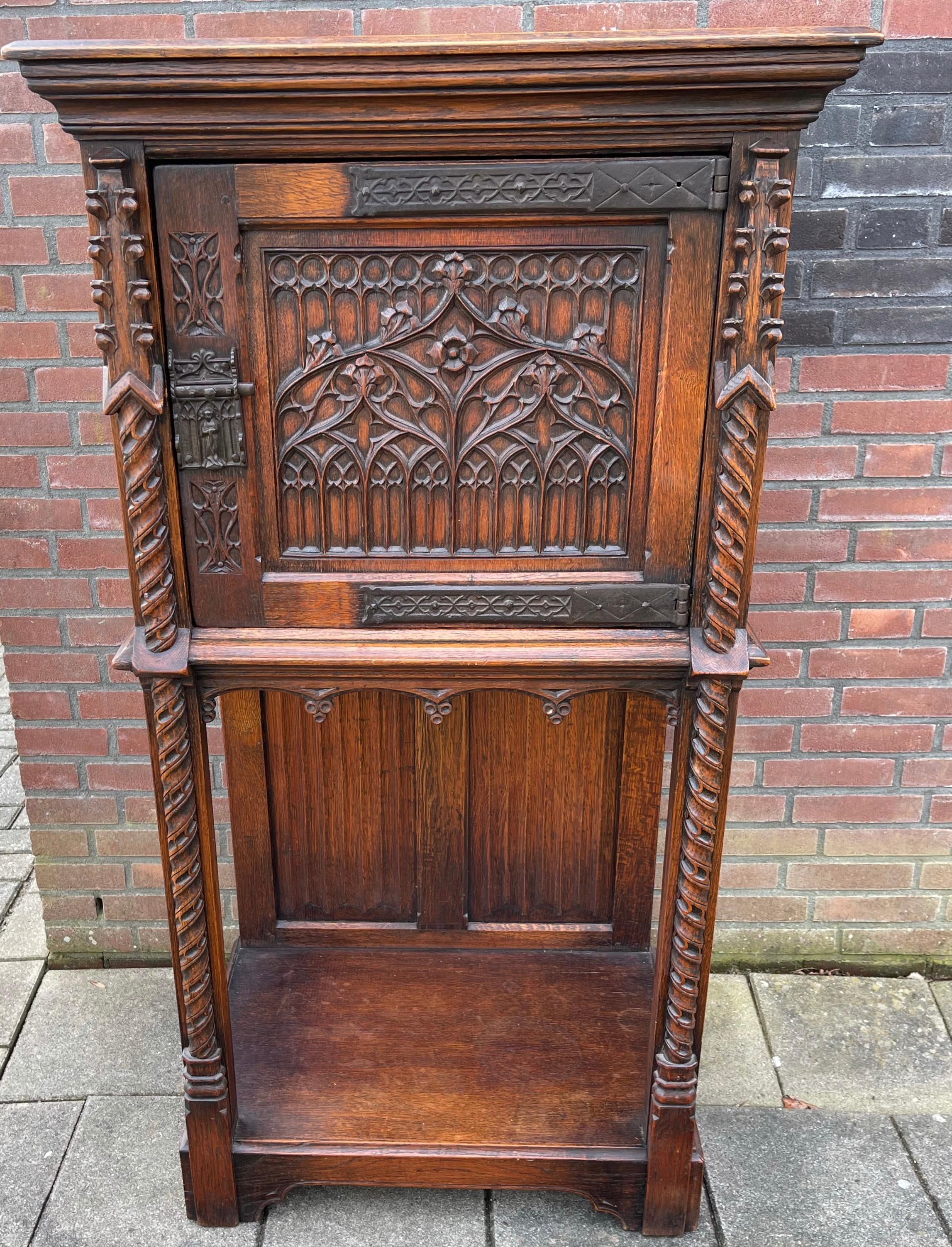 Hand Carved Oak Gothic Revival Single Door Drinks Cabinet with Cast Iron Hinges 14