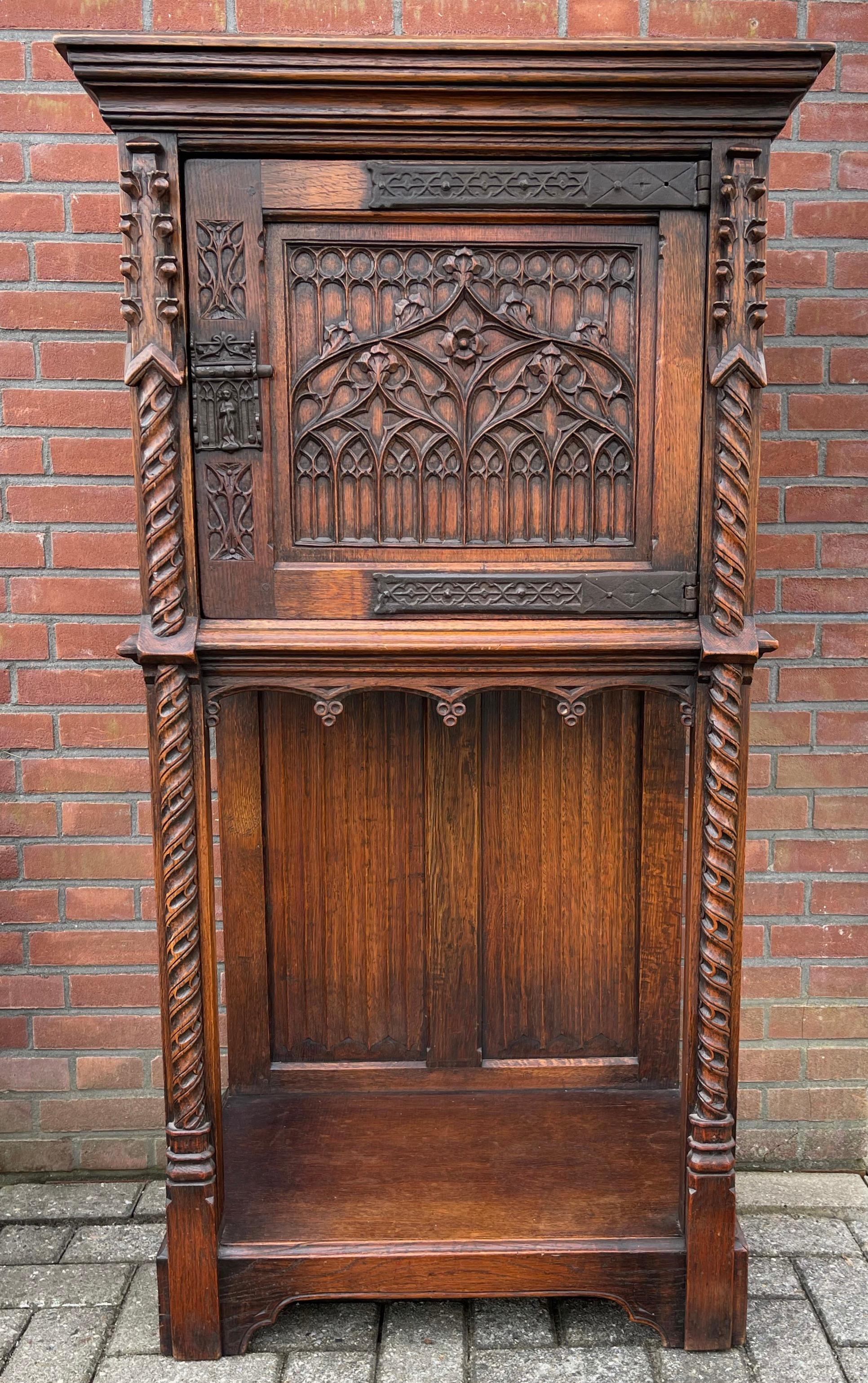 European Hand Carved Oak Gothic Revival Single Door Drinks Cabinet with Cast Iron Hinges