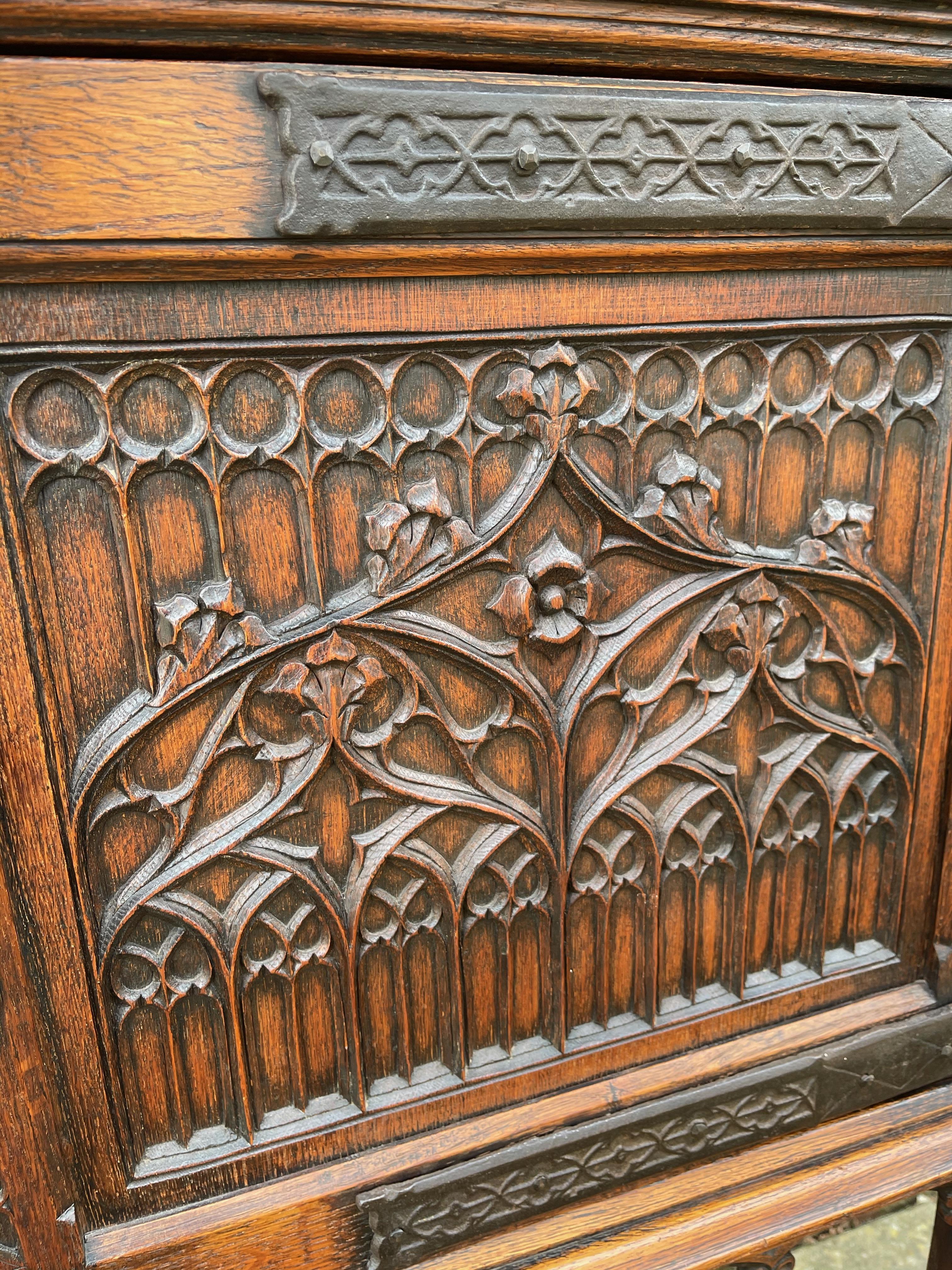 20th Century Hand Carved Oak Gothic Revival Single Door Drinks Cabinet with Cast Iron Hinges