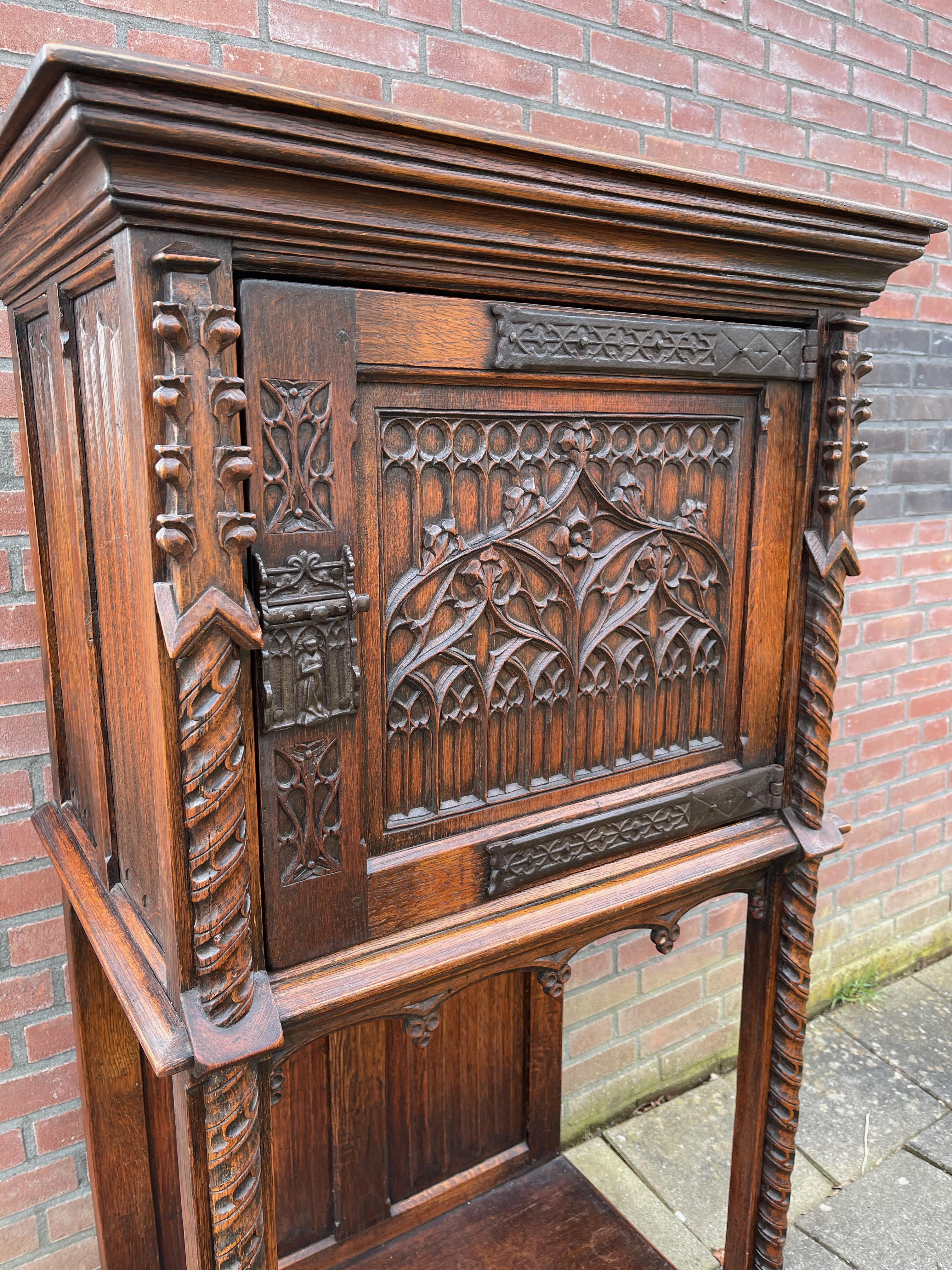 Hand Carved Oak Gothic Revival Single Door Drinks Cabinet with Cast Iron Hinges 1