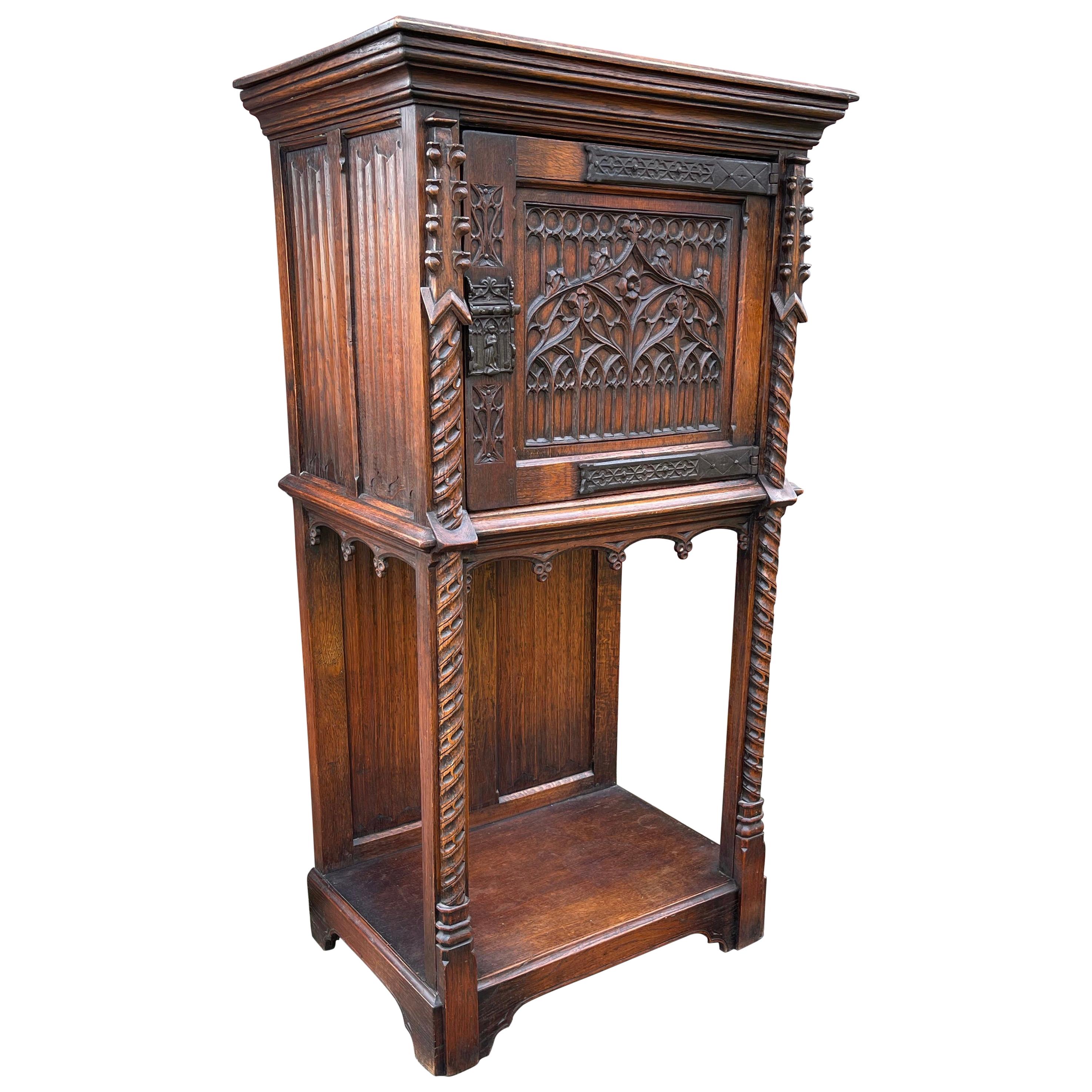 Hand Carved Oak Gothic Revival Single Door Drinks Cabinet with Cast Iron Hinges