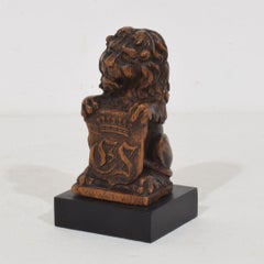 Small Hand Carved Oak Lion Sculpture with Coat of Arms, France, Circa 1650