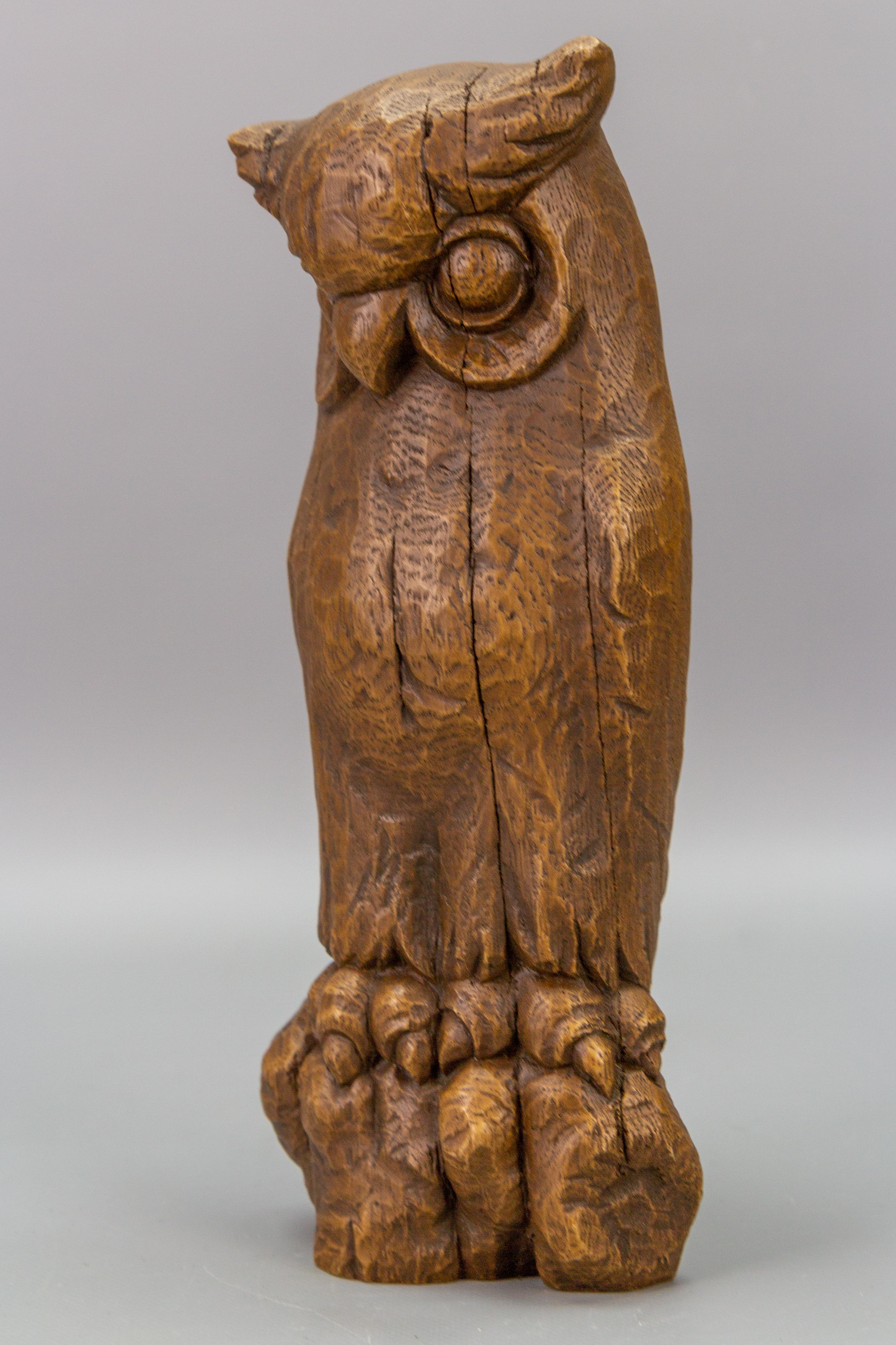 Mid-20th Century Hand-Carved Oakwood Owl Sculpture from ca. 1950s For Sale