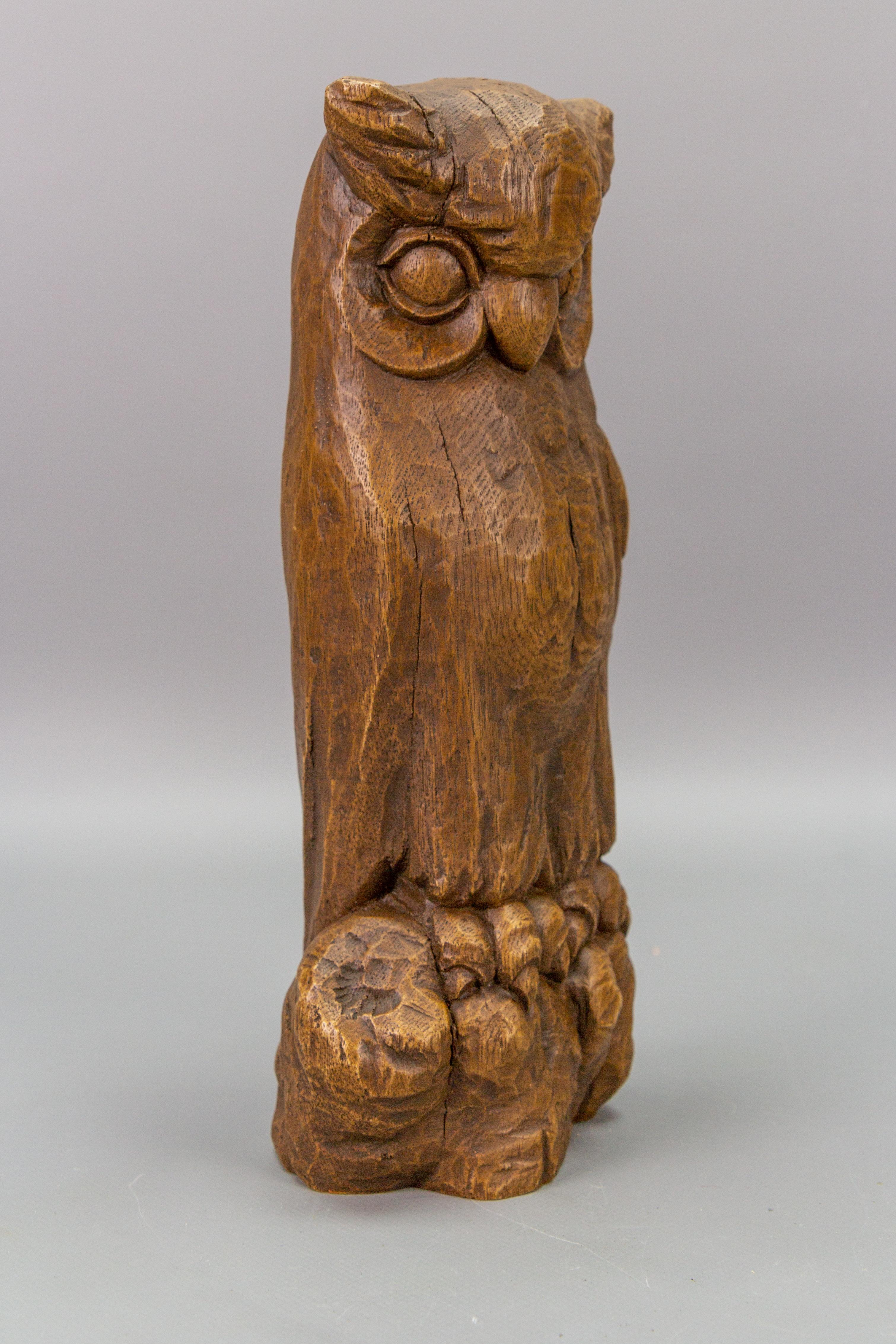 Wood Hand-Carved Oakwood Owl Sculpture from ca. 1950s For Sale