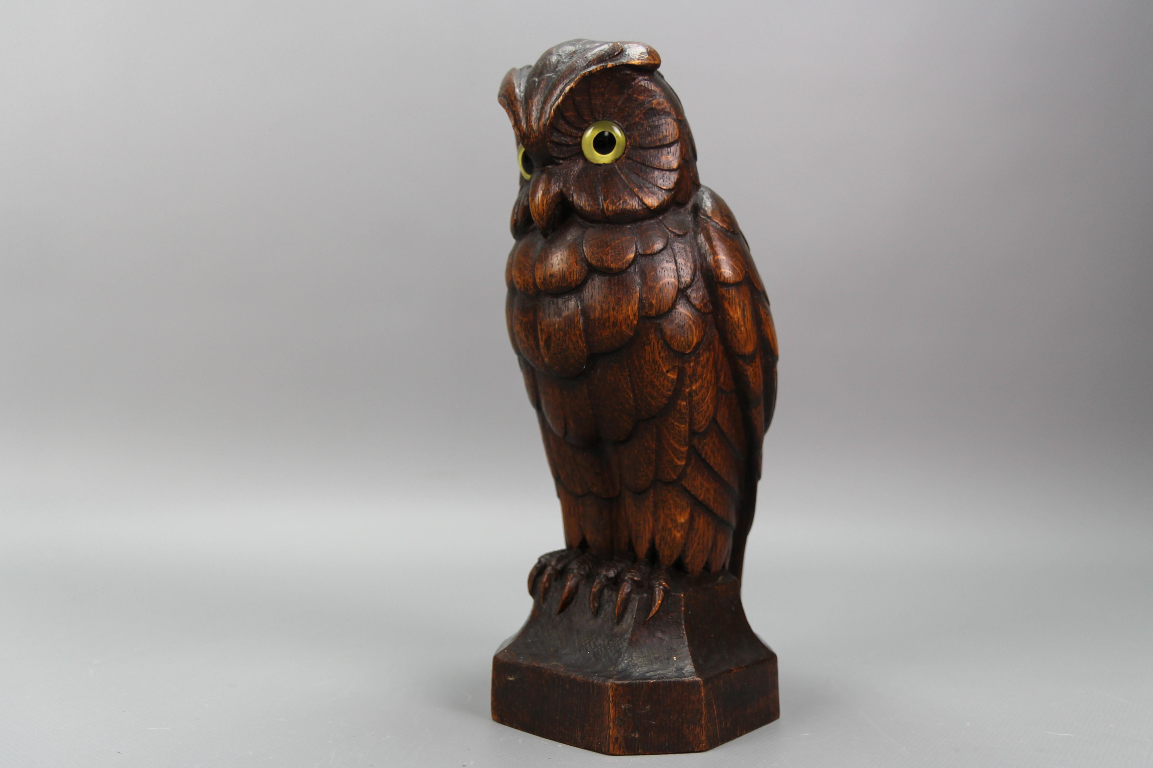 Hand-Carved Oakwood Owl Sculpture with Glass Eyes, Germany, 1930s For Sale 11