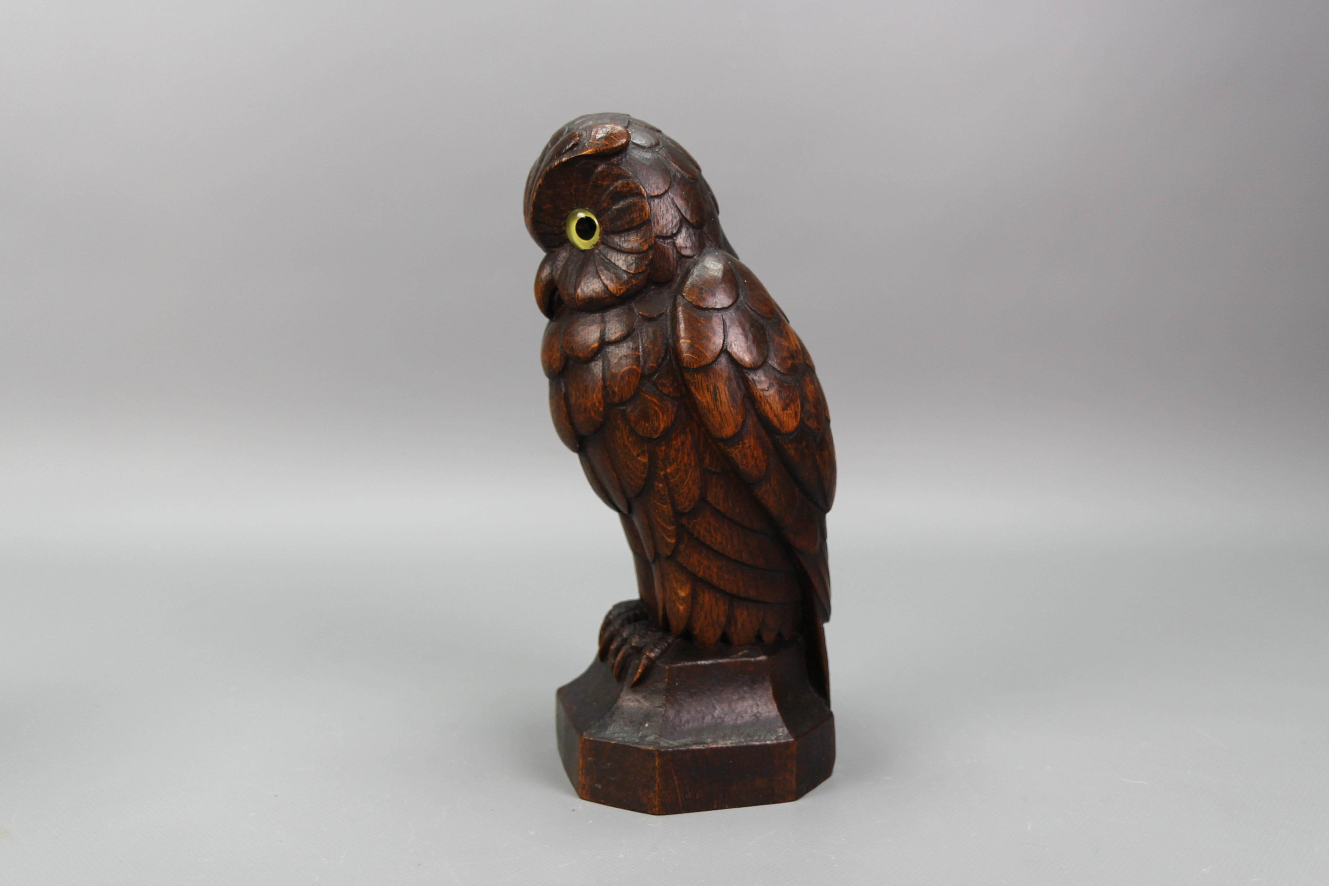 Wood Hand-Carved Oakwood Owl Sculpture with Glass Eyes, Germany, 1930s For Sale