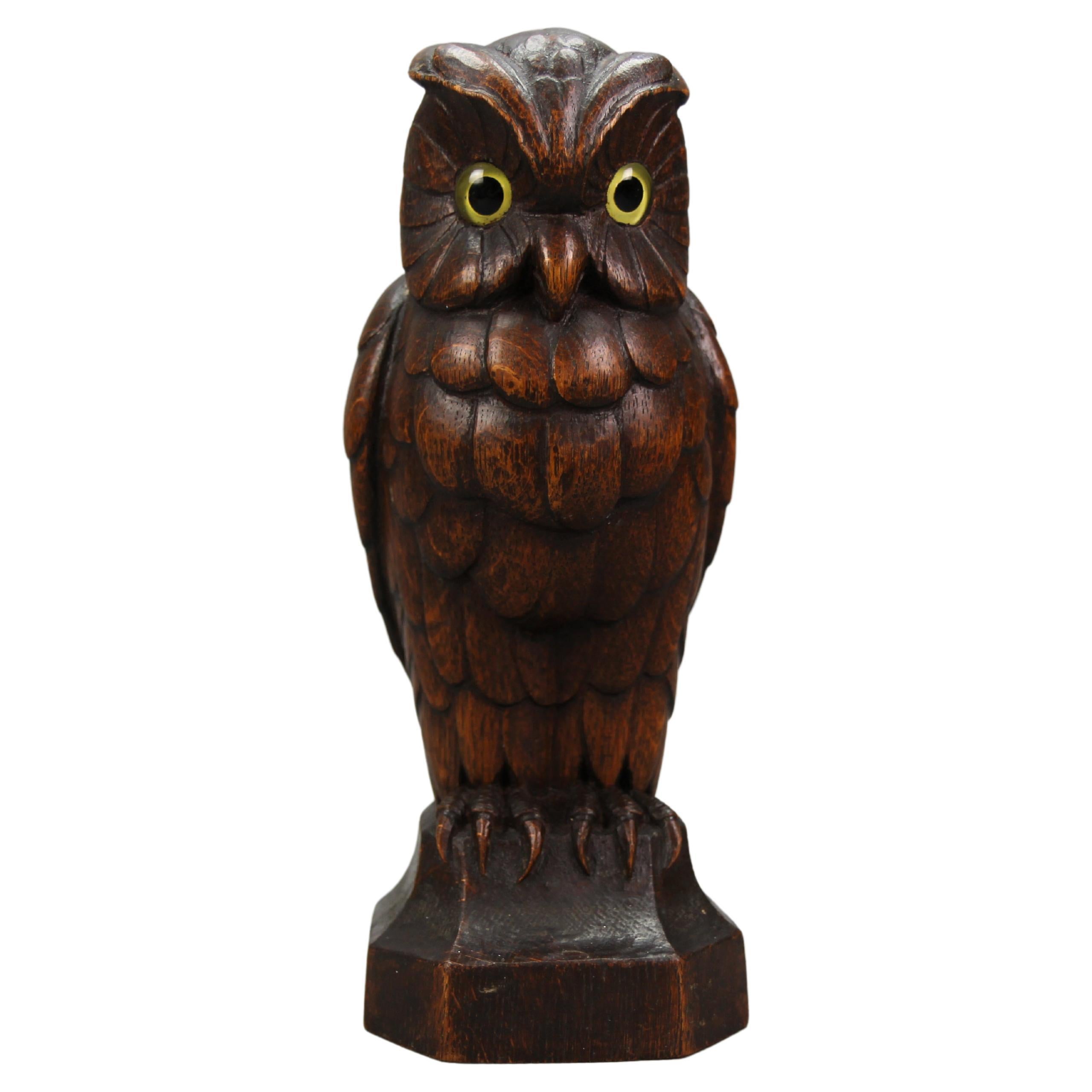 Hand-Carved Oakwood Owl Sculpture with Glass Eyes, Germany, 1930s For Sale