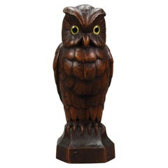 Vintage Hand-Carved Oakwood Owl Sculpture with Glass Eyes, Germany, 1930s
