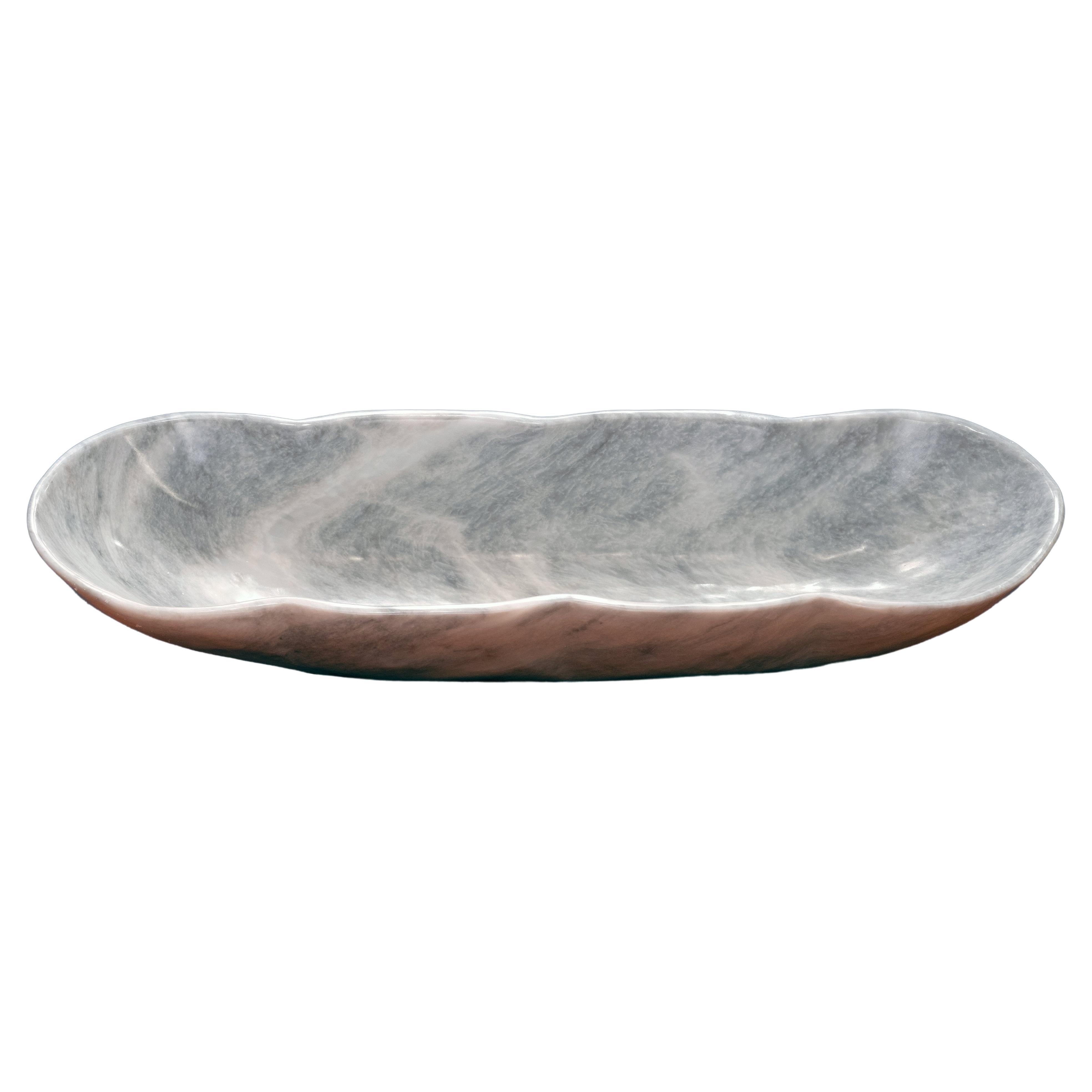 Hand-Carved Oblong Banded White Onyx Freeform Bowl // 32.5 Lb. For Sale