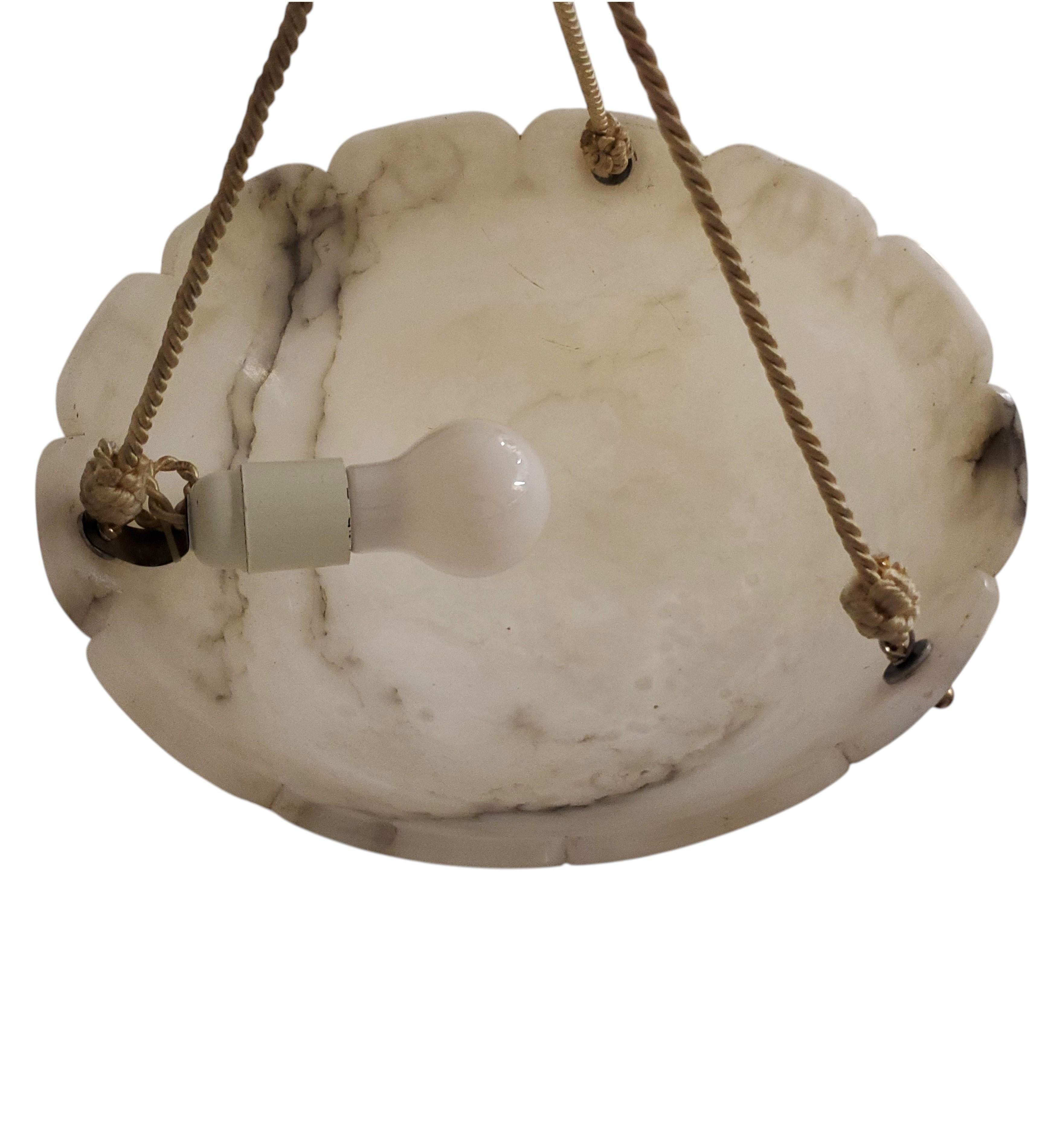 Hand carved off white original alabaster w/ border rim detail, rope + brass trim For Sale 9