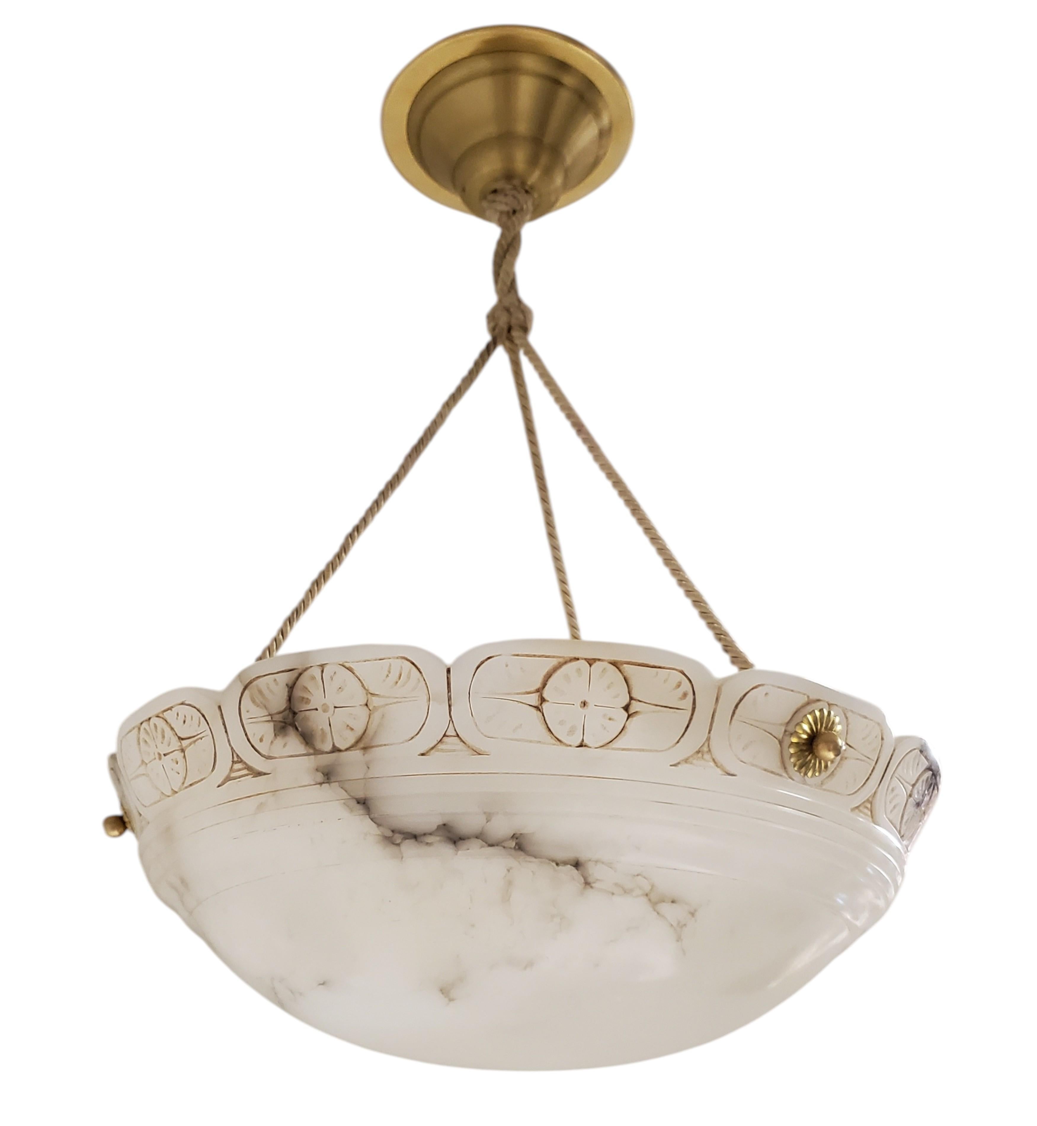 Arts and Crafts Hand carved off white original alabaster w/ border rim detail, rope + brass trim For Sale