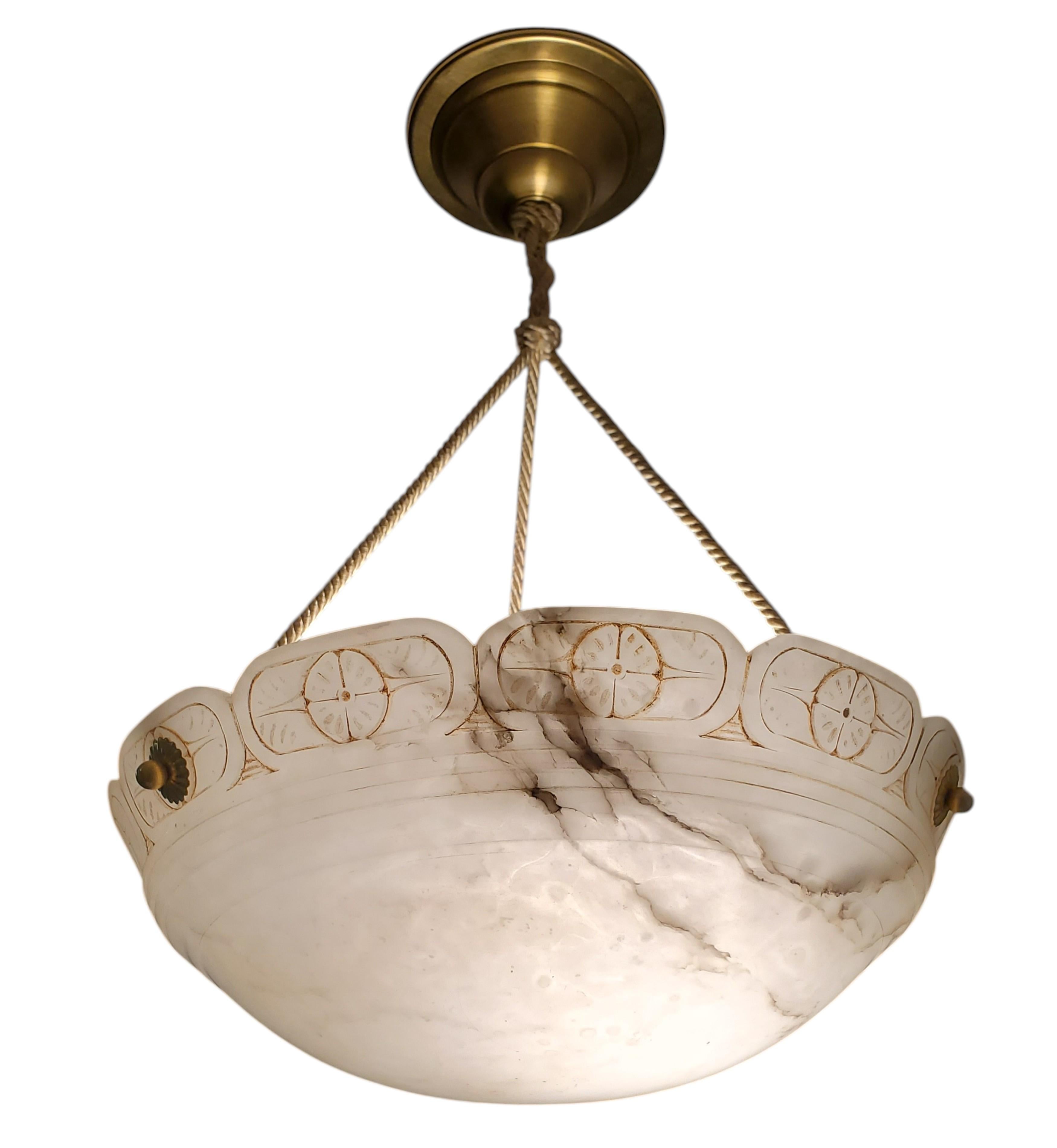 French Hand carved off white original alabaster w/ border rim detail, rope + brass trim For Sale
