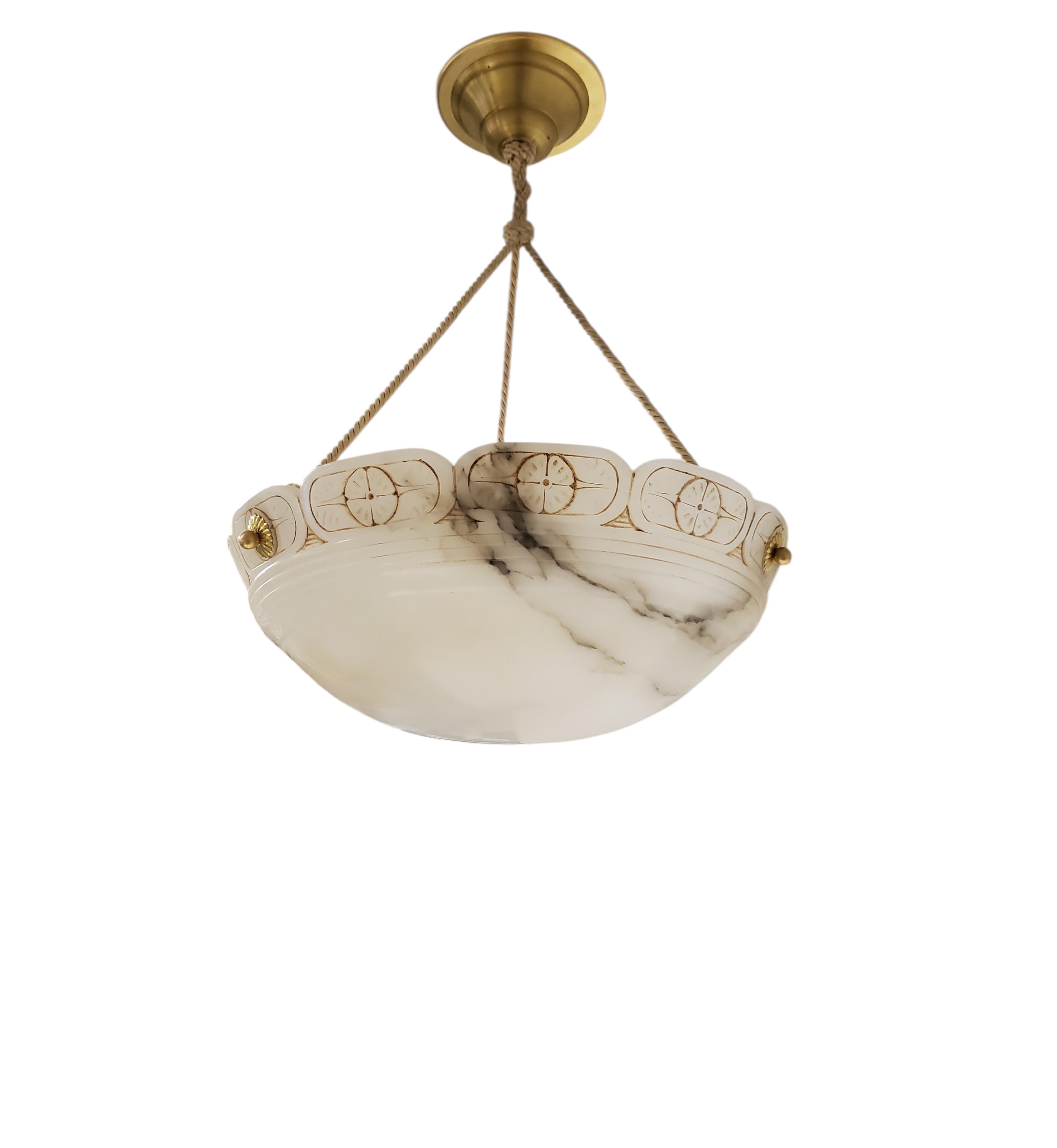Hand-Carved Hand carved off white original alabaster w/ border rim detail, rope + brass trim For Sale
