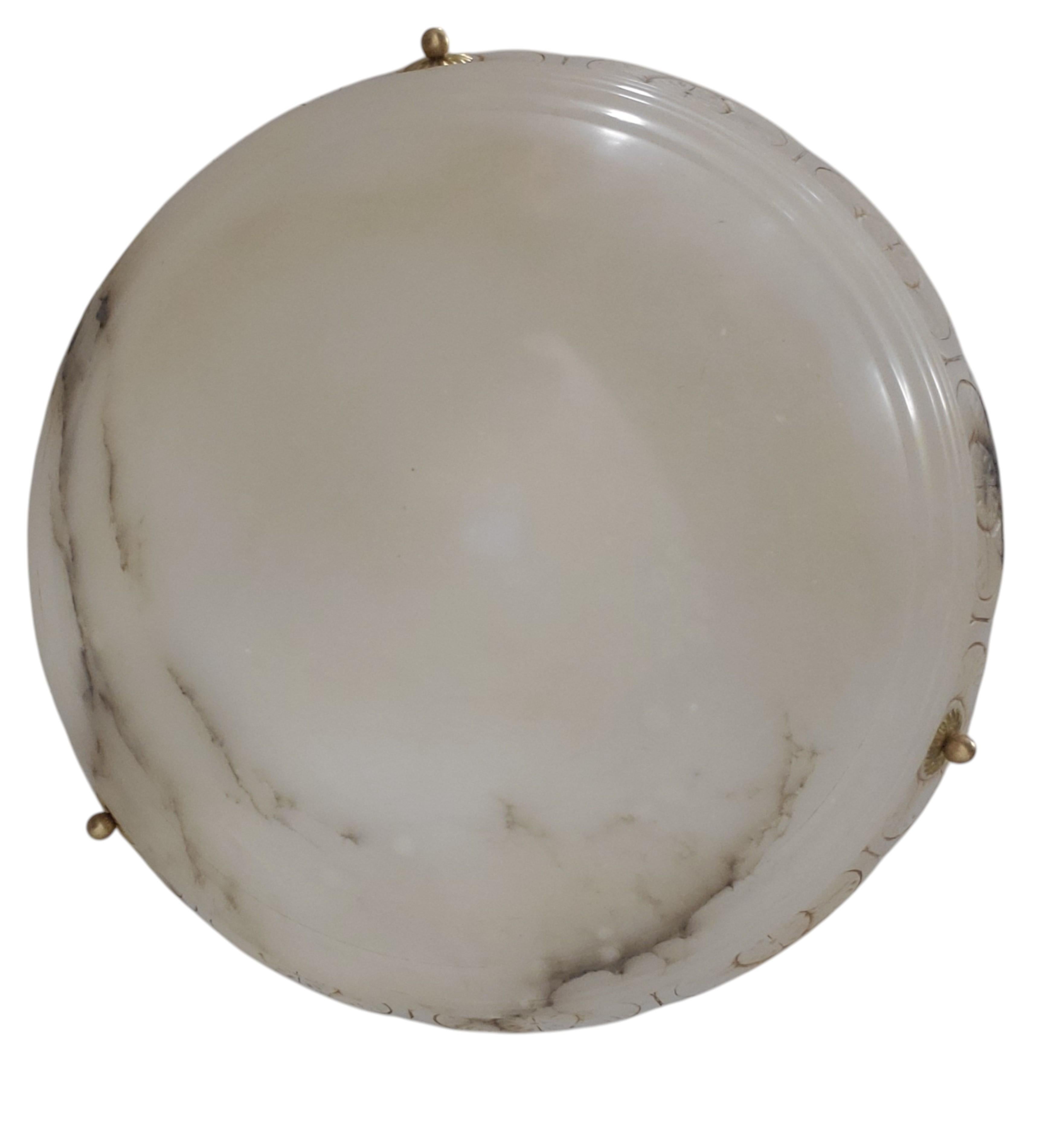 20th Century Hand carved off white original alabaster w/ border rim detail, rope + brass trim For Sale