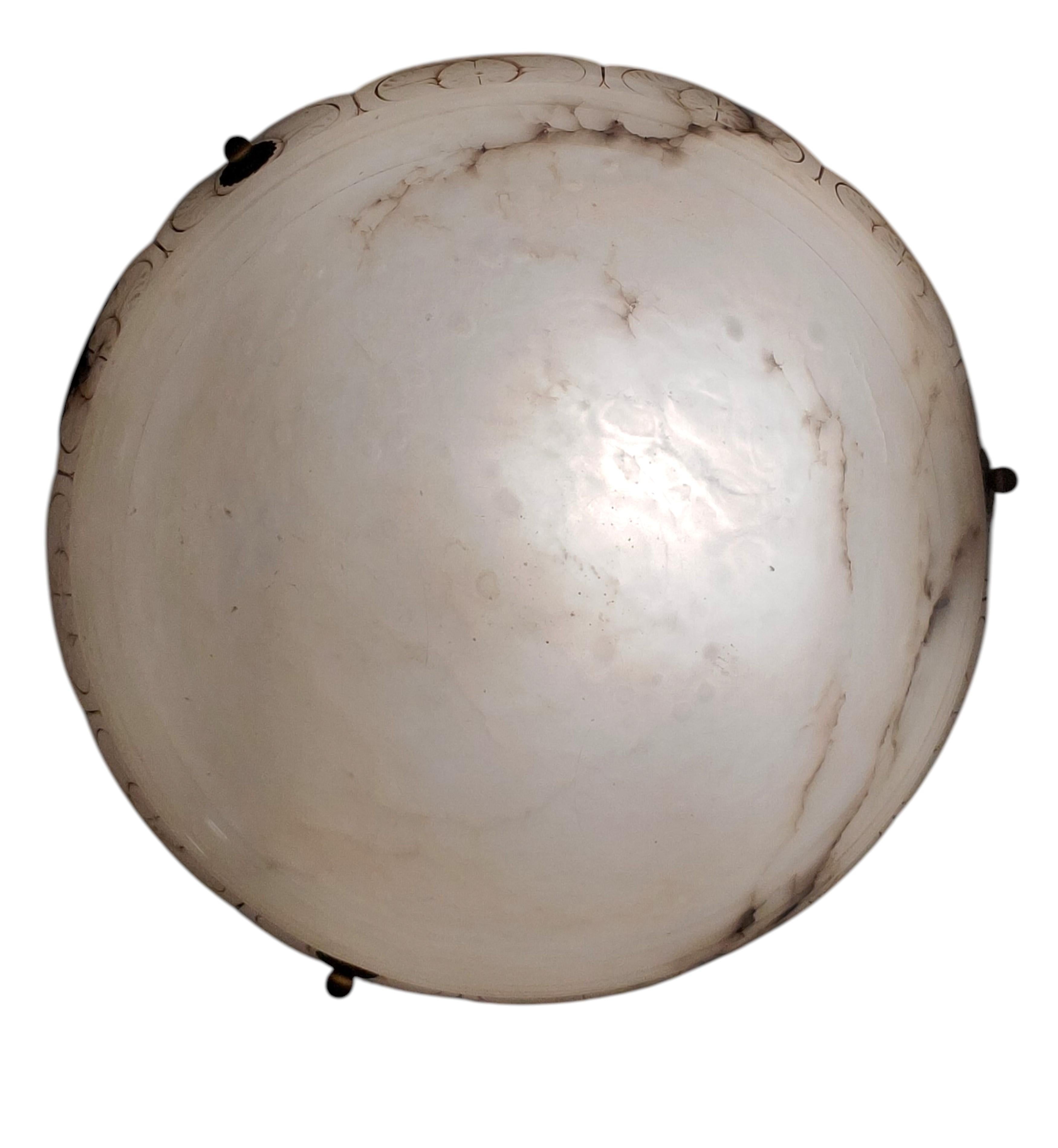Rope Hand carved off white original alabaster w/ border rim detail, rope + brass trim For Sale