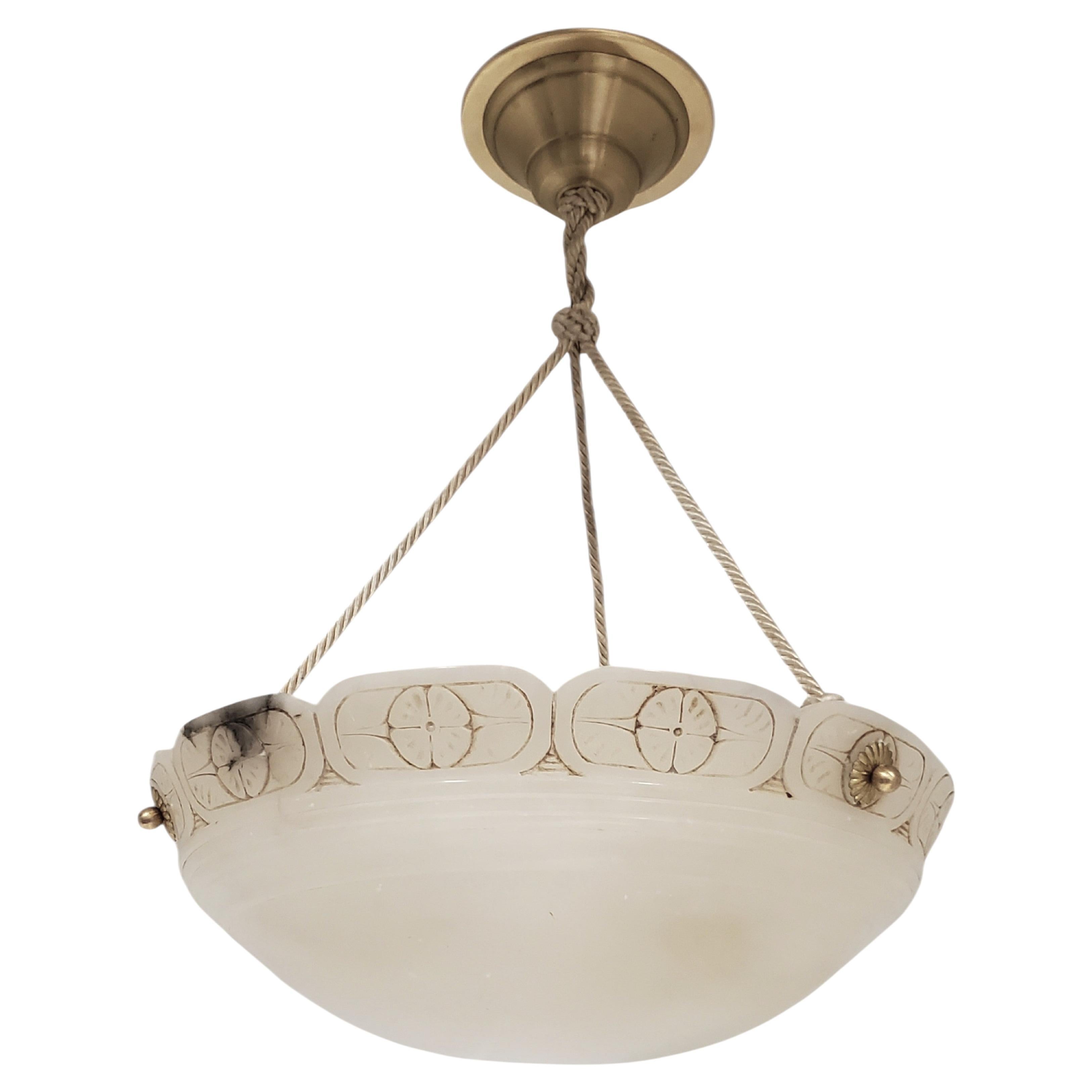 Hand carved off white original alabaster w/ border rim detail, rope + brass trim For Sale