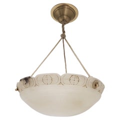 Hand carved off white original alabaster w/ border rim detail, rope + brass trim