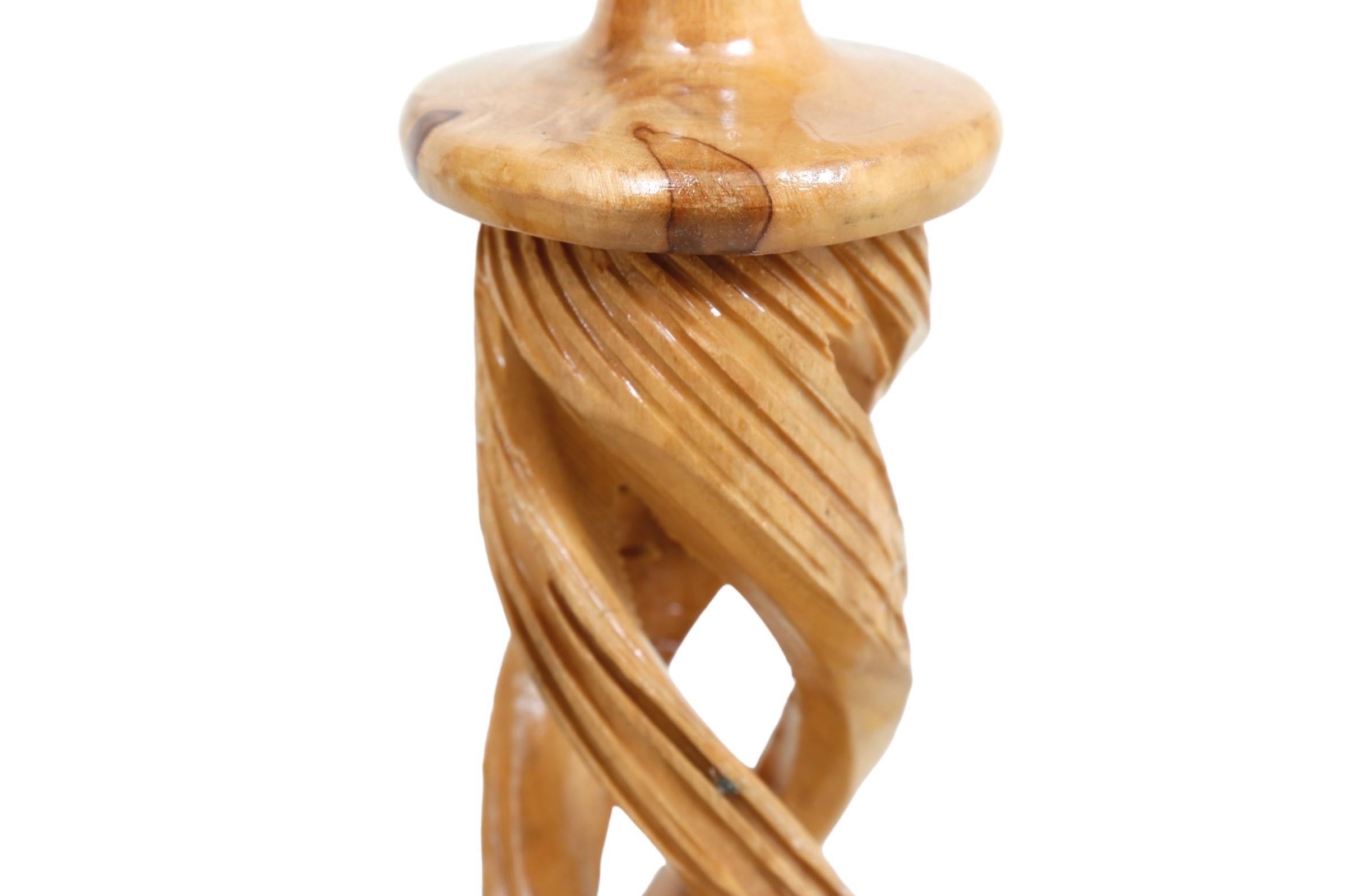 20th Century Hand Carved Olive Wood Spiral Candlestick Holders - a Pair
