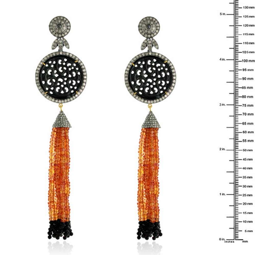Modern Hand Carved Onyx and Orange Sapphire Tassel Earring with Diamonds in Gold Silver For Sale