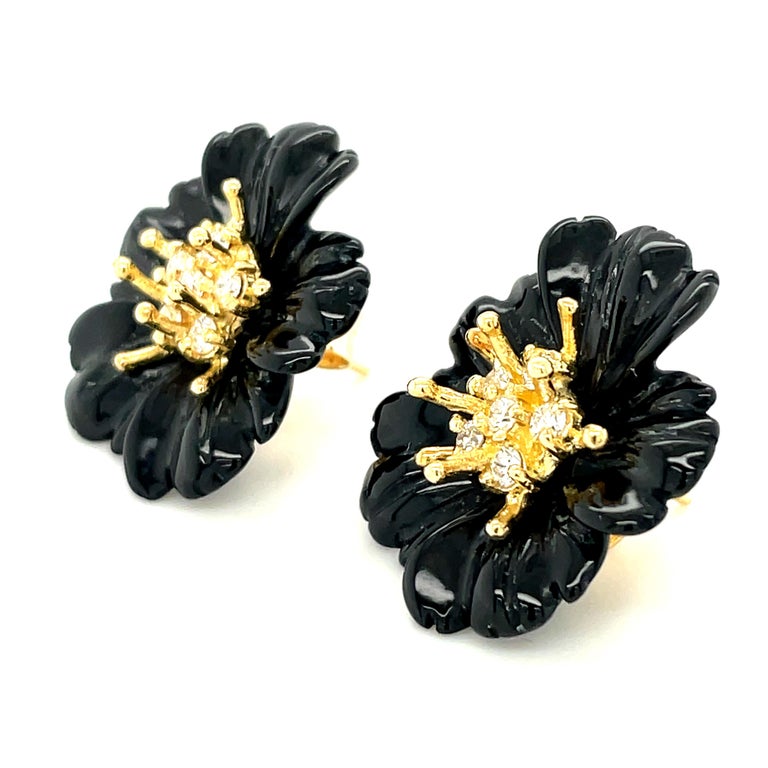 Artisan Hand Carved Onyx Flower Earring Jackets, 18K Gold .59 Carat Diamond Stamen Posts For Sale