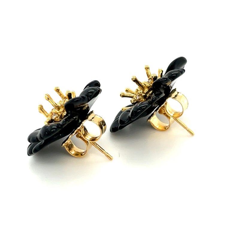 Brilliant Cut Hand Carved Onyx Flower Earring Jackets, 18K Gold .59 Carat Diamond Stamen Posts For Sale