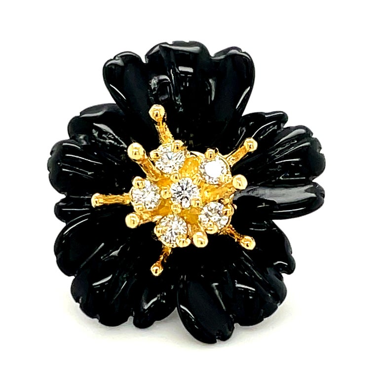 Hand Carved Onyx Flower Earring Jackets, 18K Gold .59 Carat Diamond Stamen Posts In New Condition For Sale In Los Angeles, CA