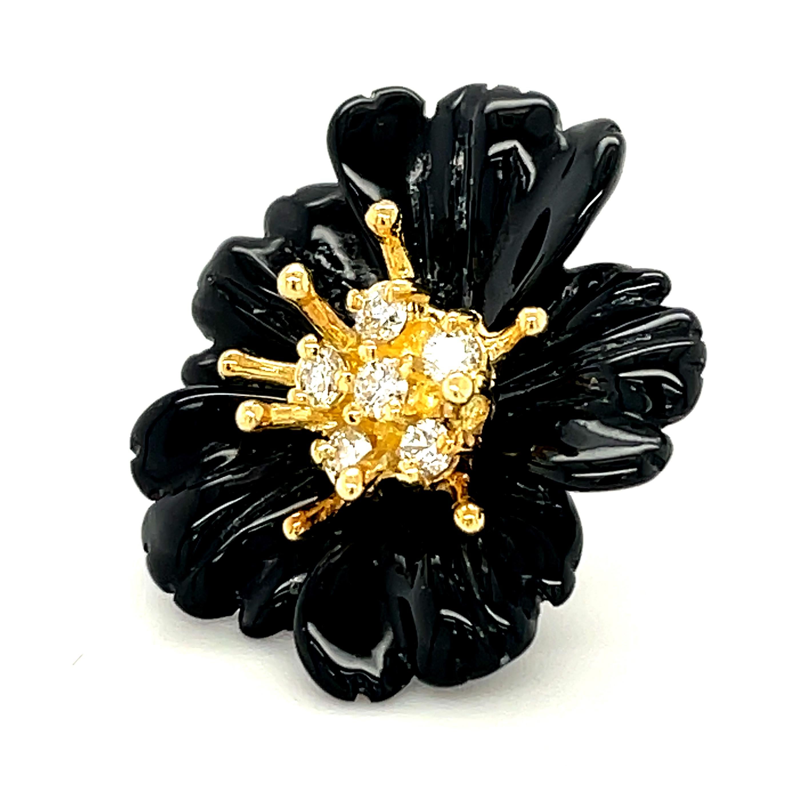 Artisan Hand Carved Onyx Flower Earring Jackets, 18K Gold .59 Carat Diamond Stamen Posts