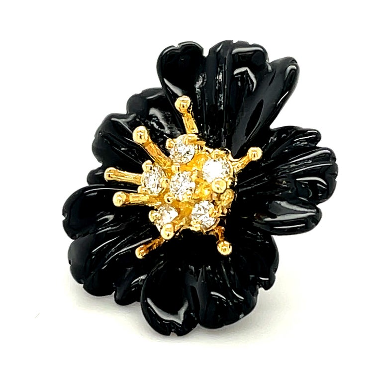 Women's or Men's Hand Carved Onyx Flower Earring Jackets, 18K Gold .59 Carat Diamond Stamen Posts For Sale