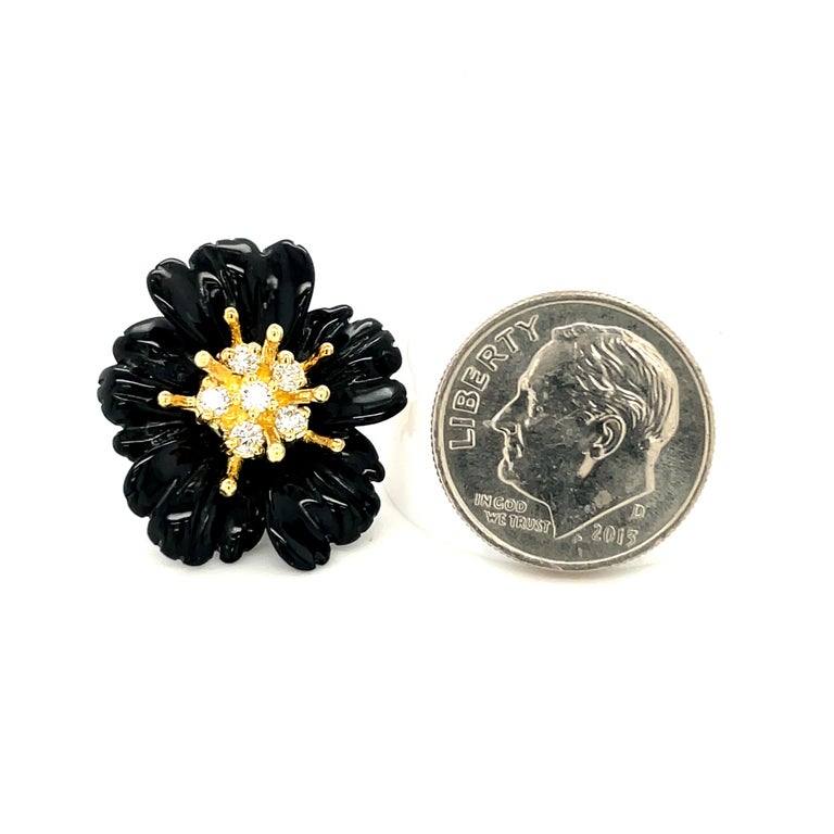 Hand Carved Onyx Flower Earring Jackets, 18K Gold .59 Carat Diamond Stamen Posts For Sale 1