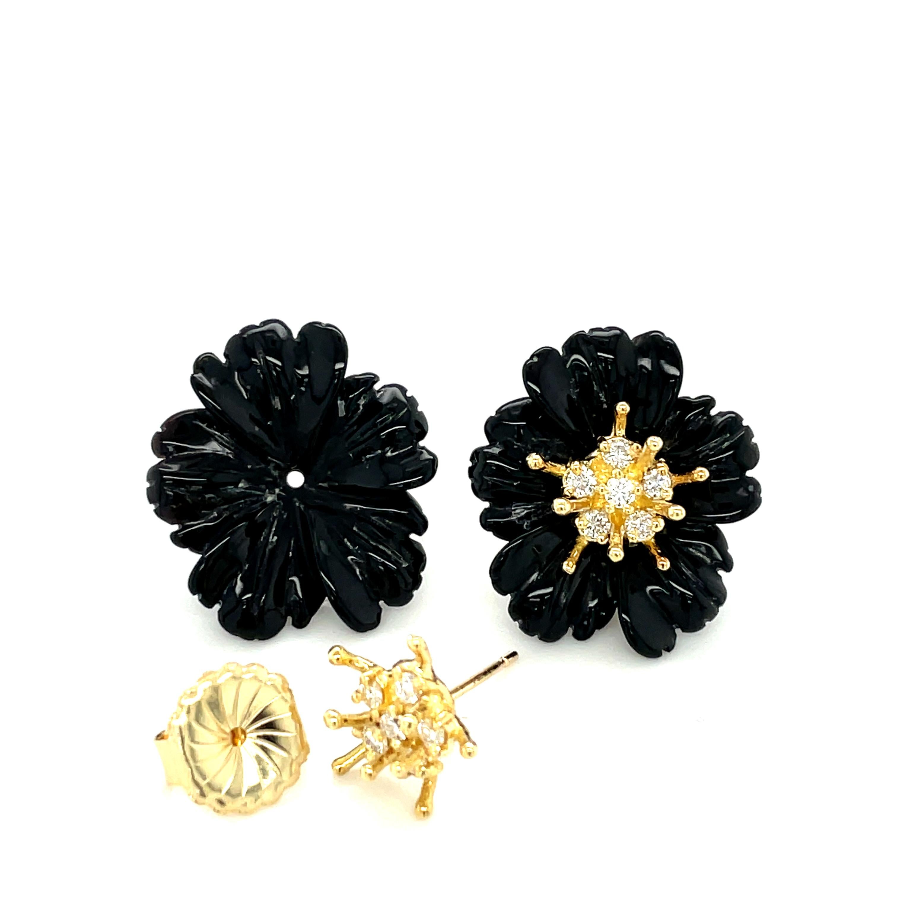 Hand Carved Onyx Flower Earring Jackets, 18K Gold .59 Carat Diamond Stamen Posts In New Condition In Los Angeles, CA