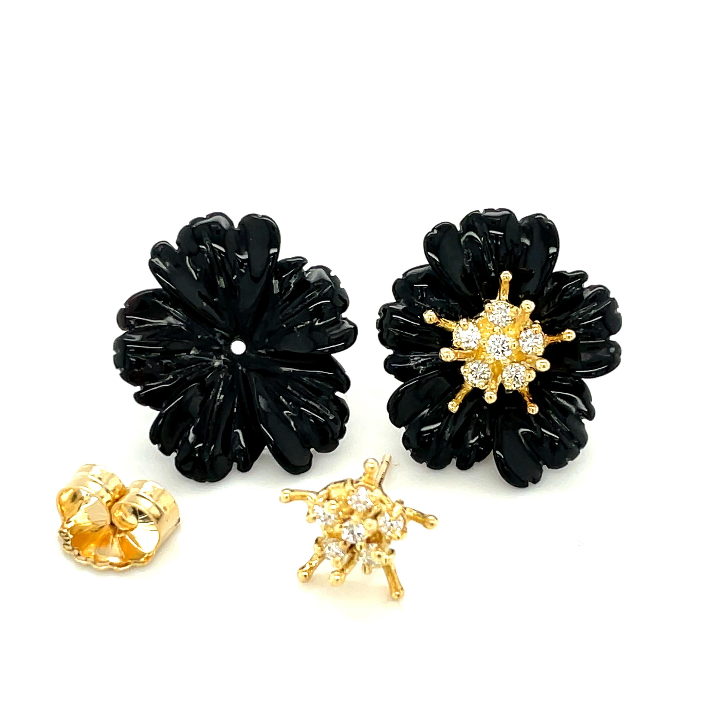 Women's or Men's Hand Carved Onyx Flower Earring Jackets, 18K Gold .59 Carat Diamond Stamen Posts