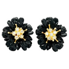 Hand Carved Onyx Flower Earring Jackets, 18K Gold .59 Carat Diamond Stamen Posts