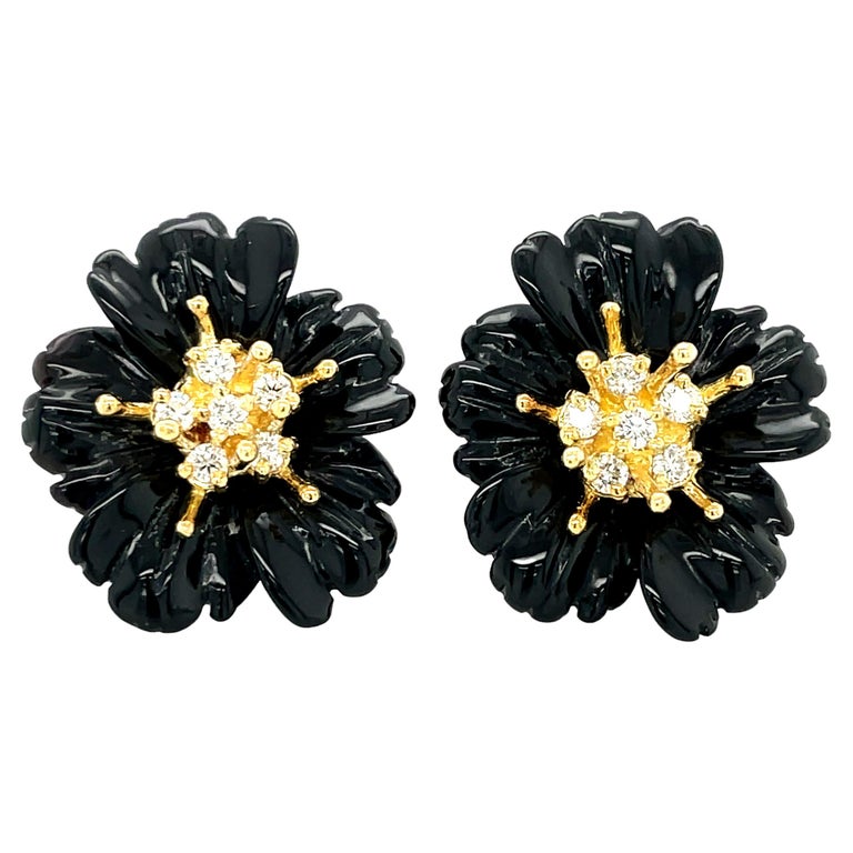 Hand Carved Onyx Flower Earring Jackets, 18K Gold .59 Carat Diamond Stamen Posts For Sale