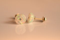 Hand-Carved Opal Rose and Diamond Earring in 18K Yellow Gold