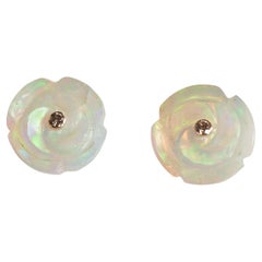 Hand-Carved Opal Rose and Diamond Earring in 18K Yellow Gold