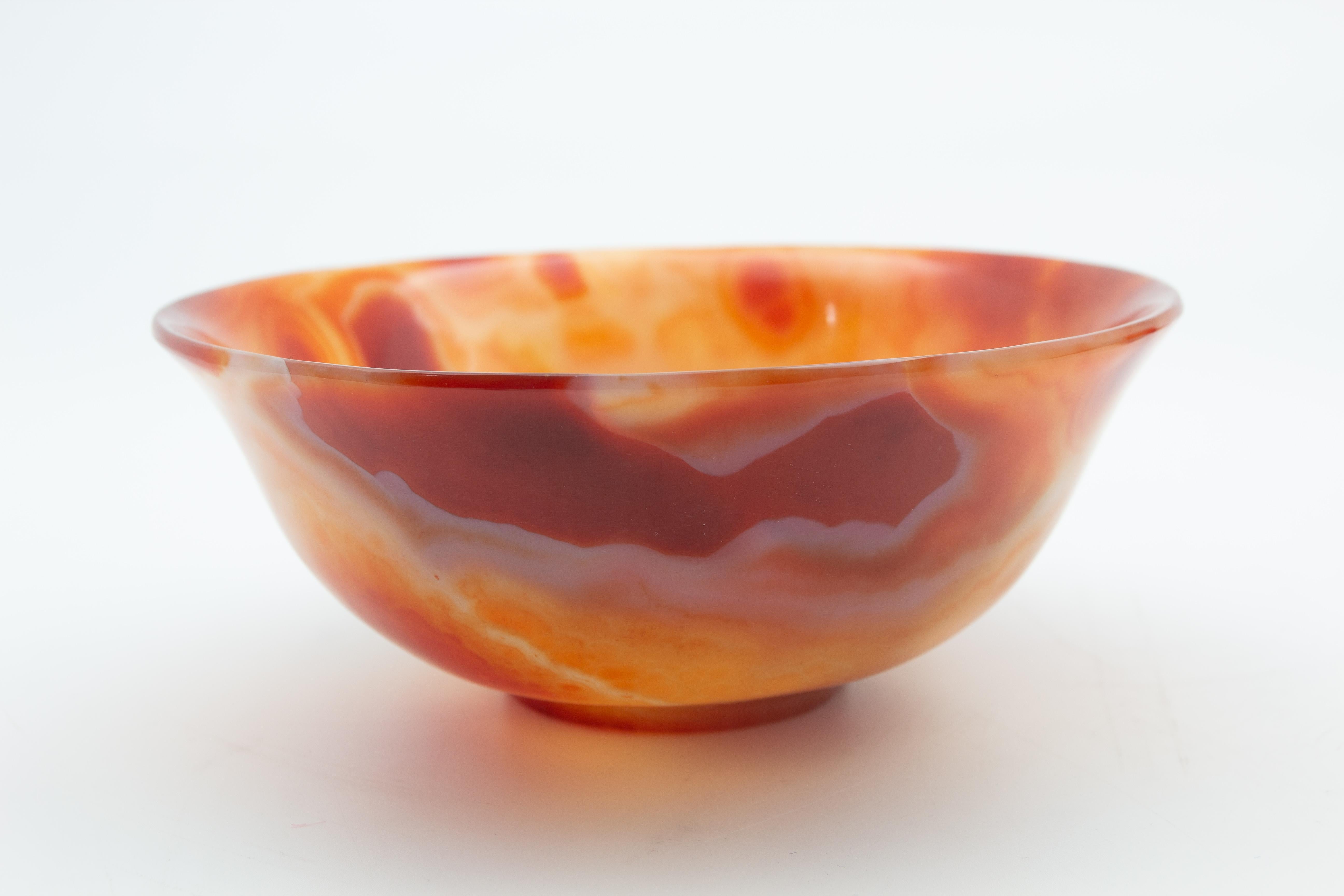 Chinese Hand Carved Orange Agate Semi-Precious Stone Bowl