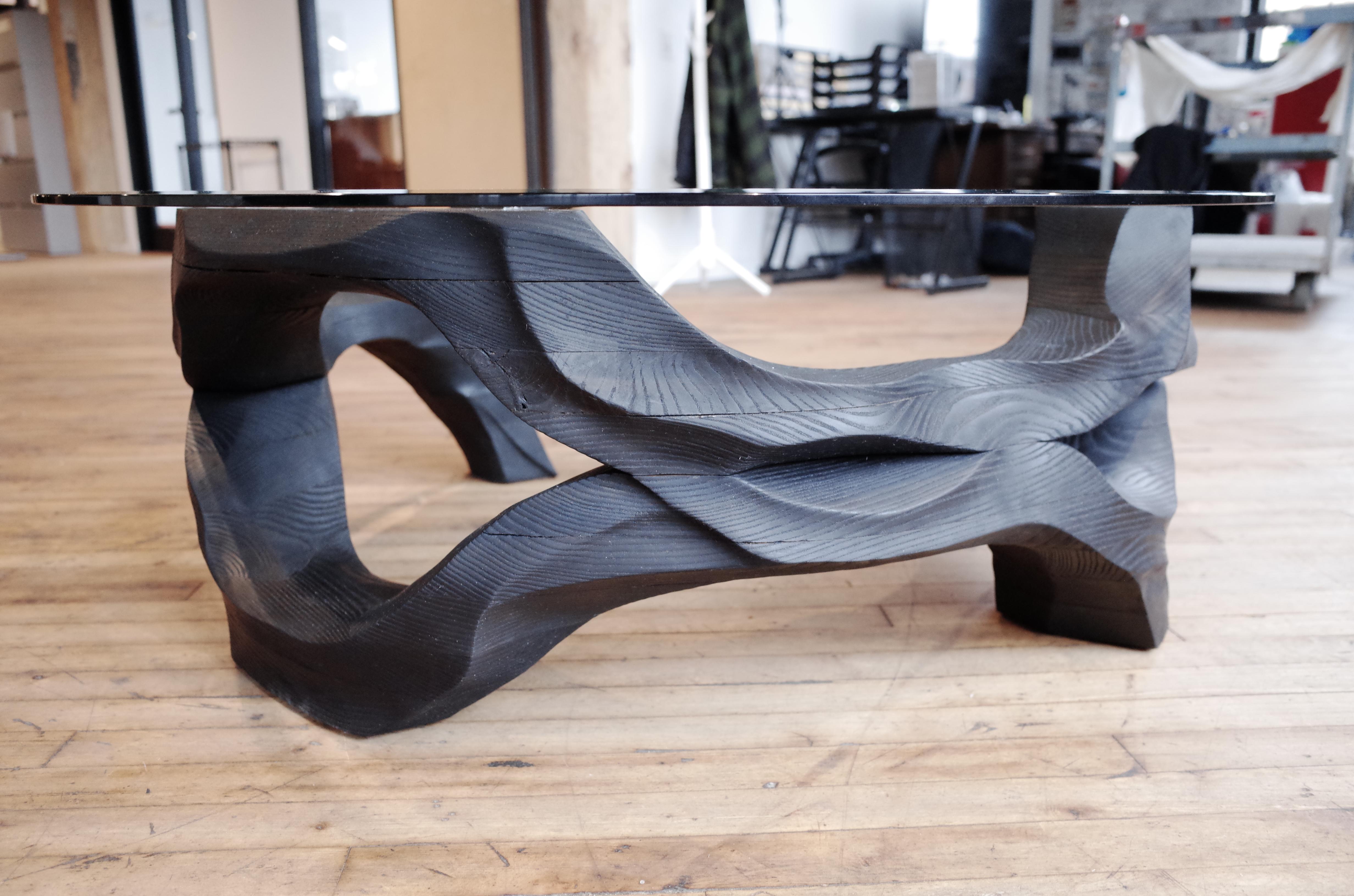 Modern Hand-Carved Organic Ash Eddy Coffee Table Finished with Shou Sugi Ban Technique For Sale