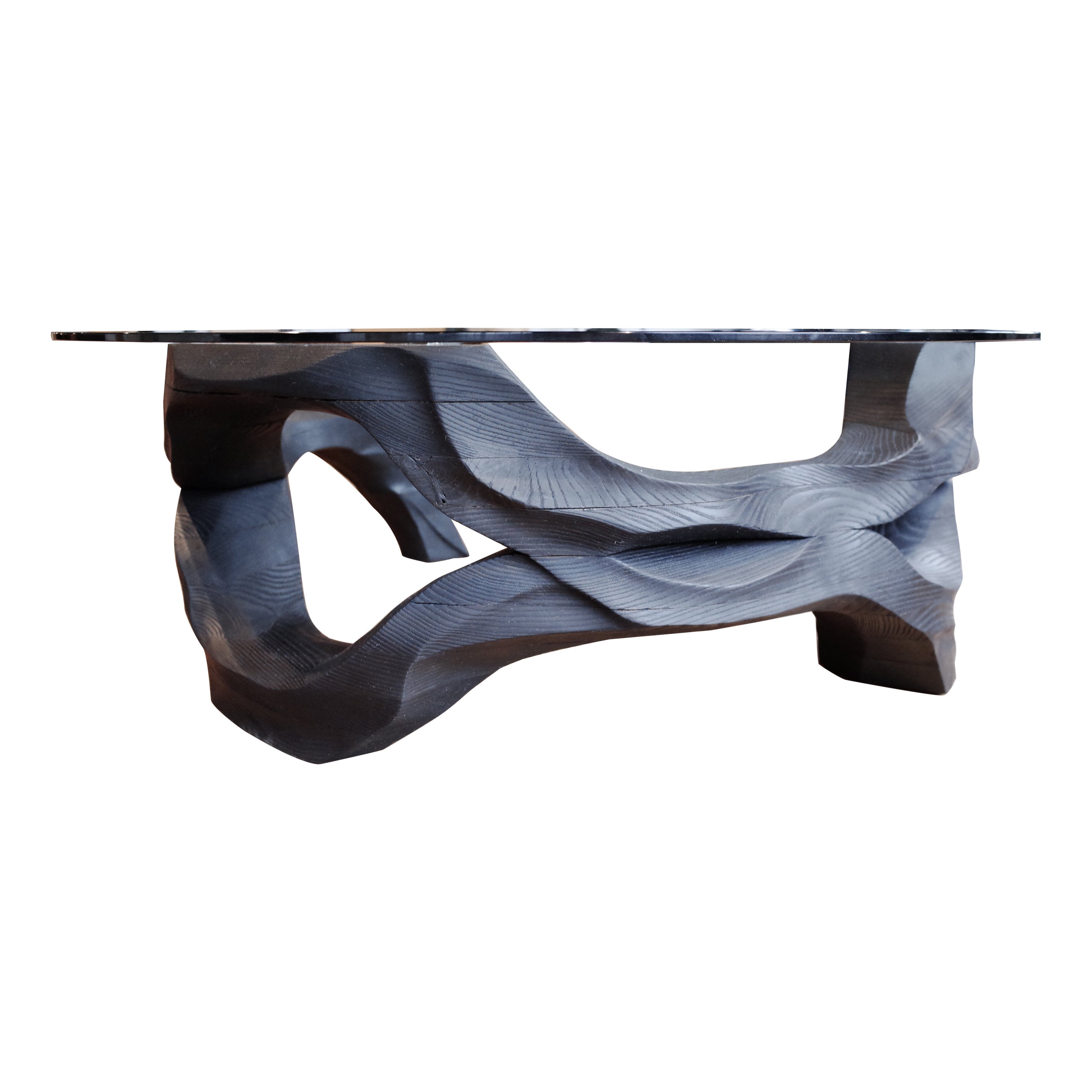 Hand-Carved Organic Ash Eddy Coffee Table Finished with Shou Sugi Ban Technique For Sale
