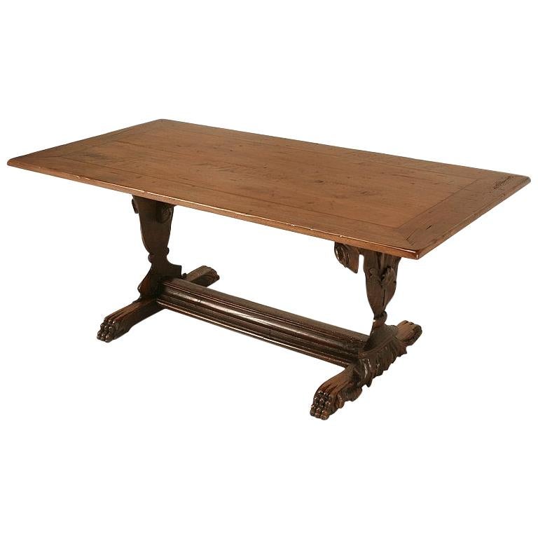 Hand Carved Organic Relief Antique French Solid Walnut Trestle Table