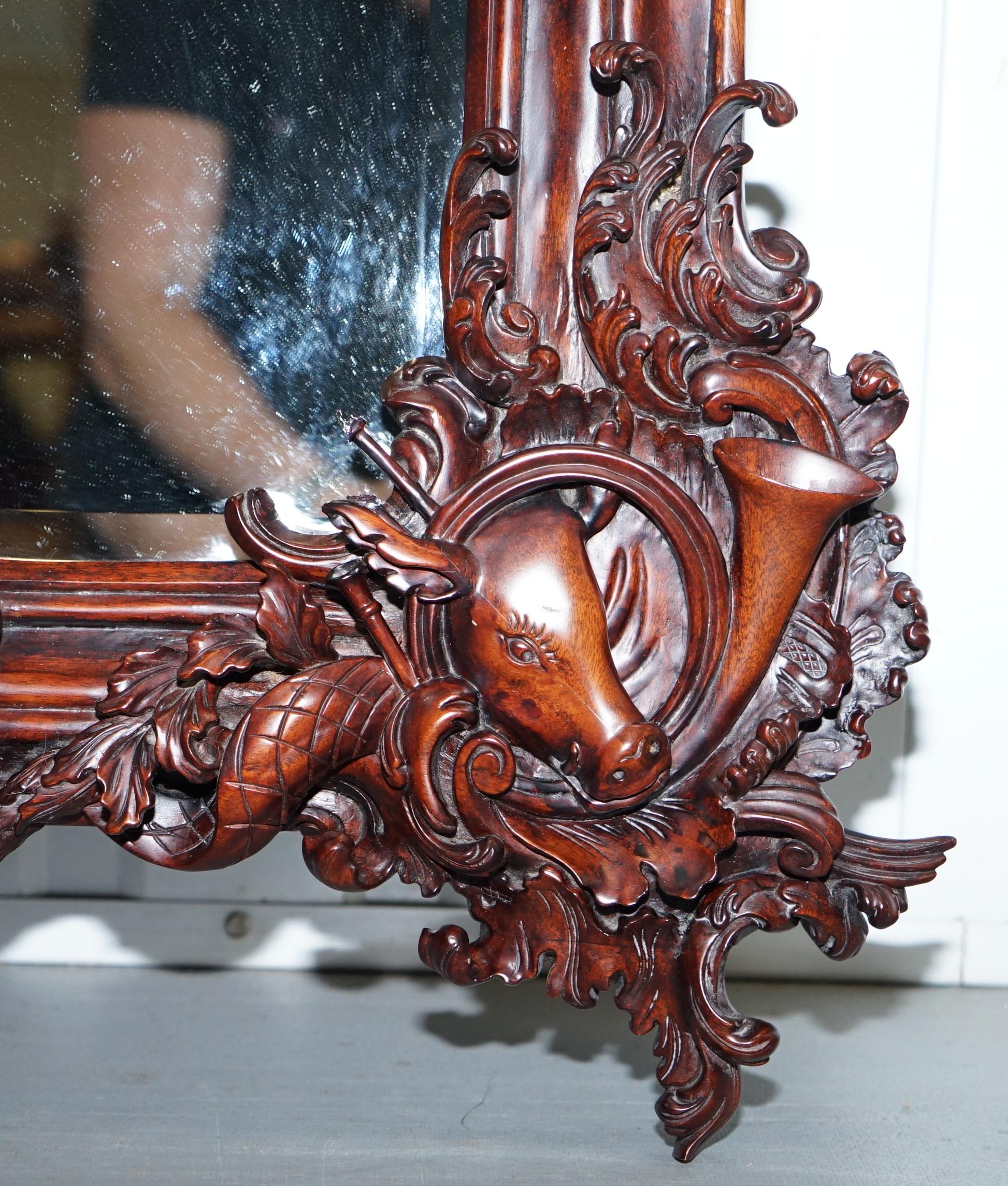 Hand Carved Ornate Mahogany Mirror with Armorial Crest Horns Animals Flowers Cow 6
