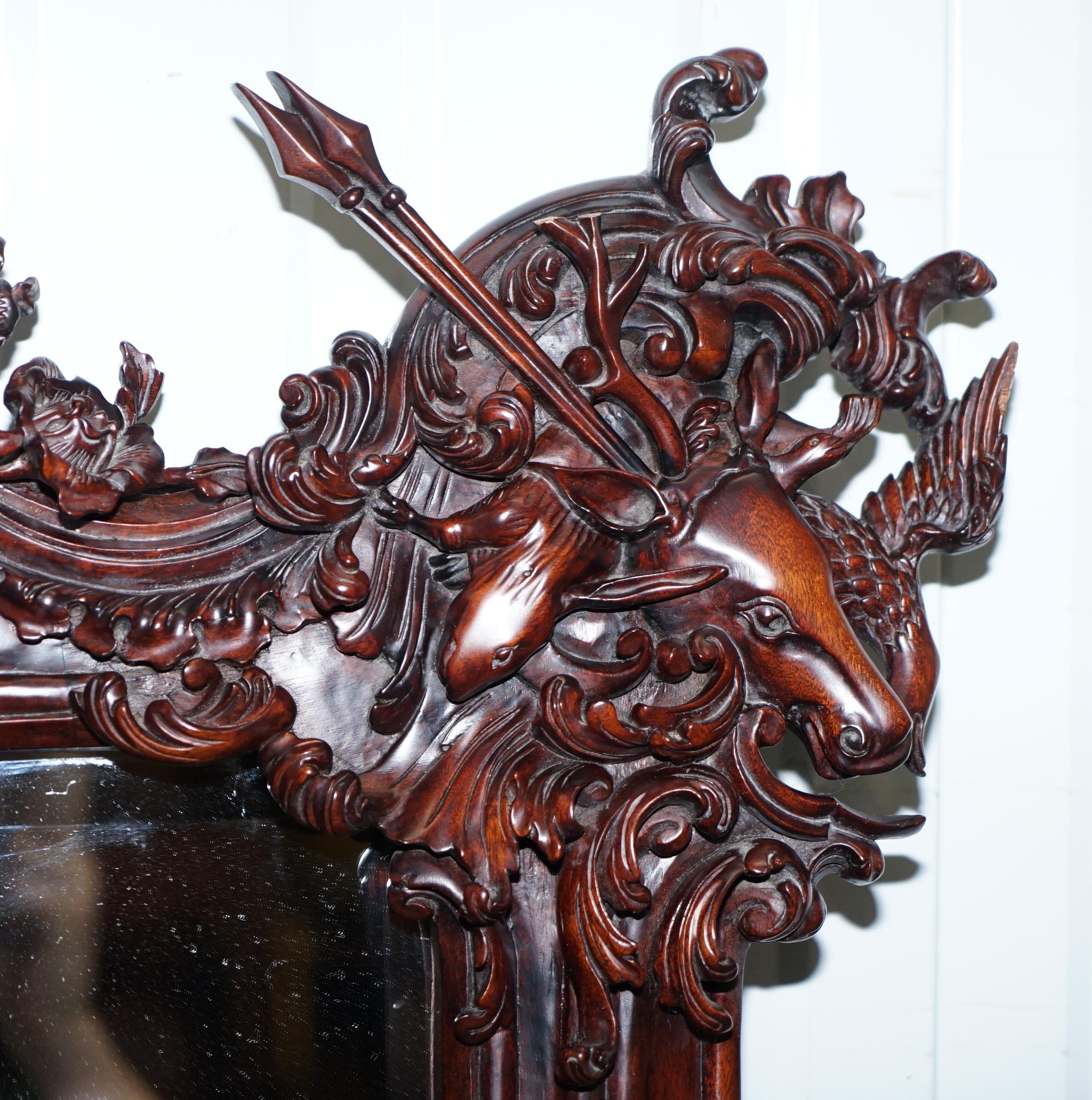 Hand-Crafted Hand Carved Ornate Mahogany Mirror with Armorial Crest Horns Animals Flowers Cow